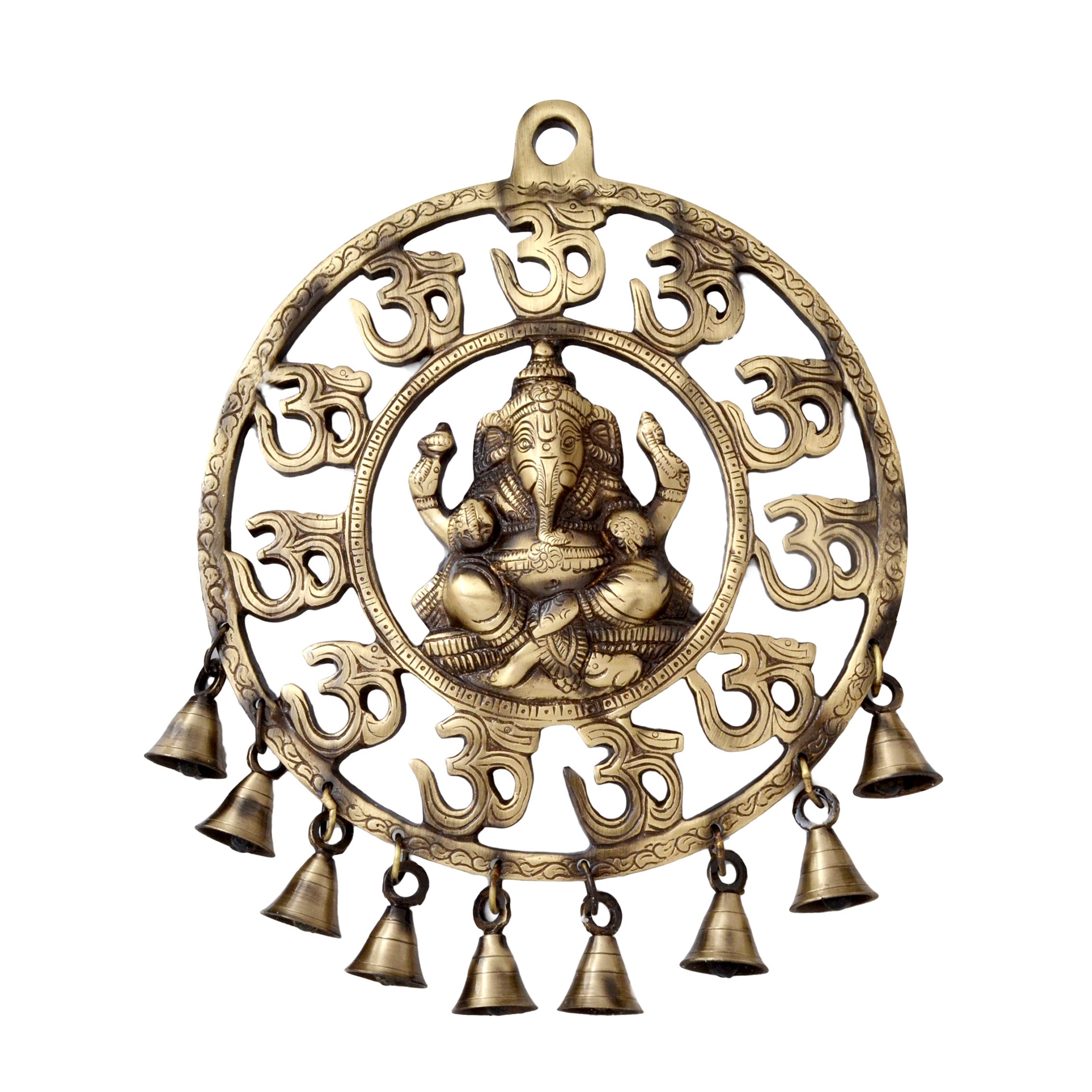 Brass Handcrafted Om Ganesha Wall Hanging with Bells Showpiece