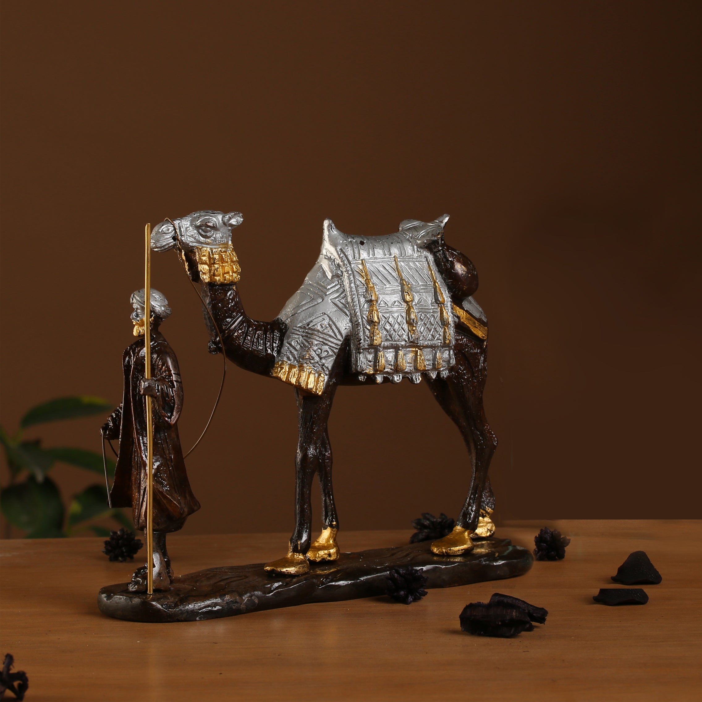 Brass Merchant of Arabia Showpiece, Handcrafted Brass Man with Camel Showpiece