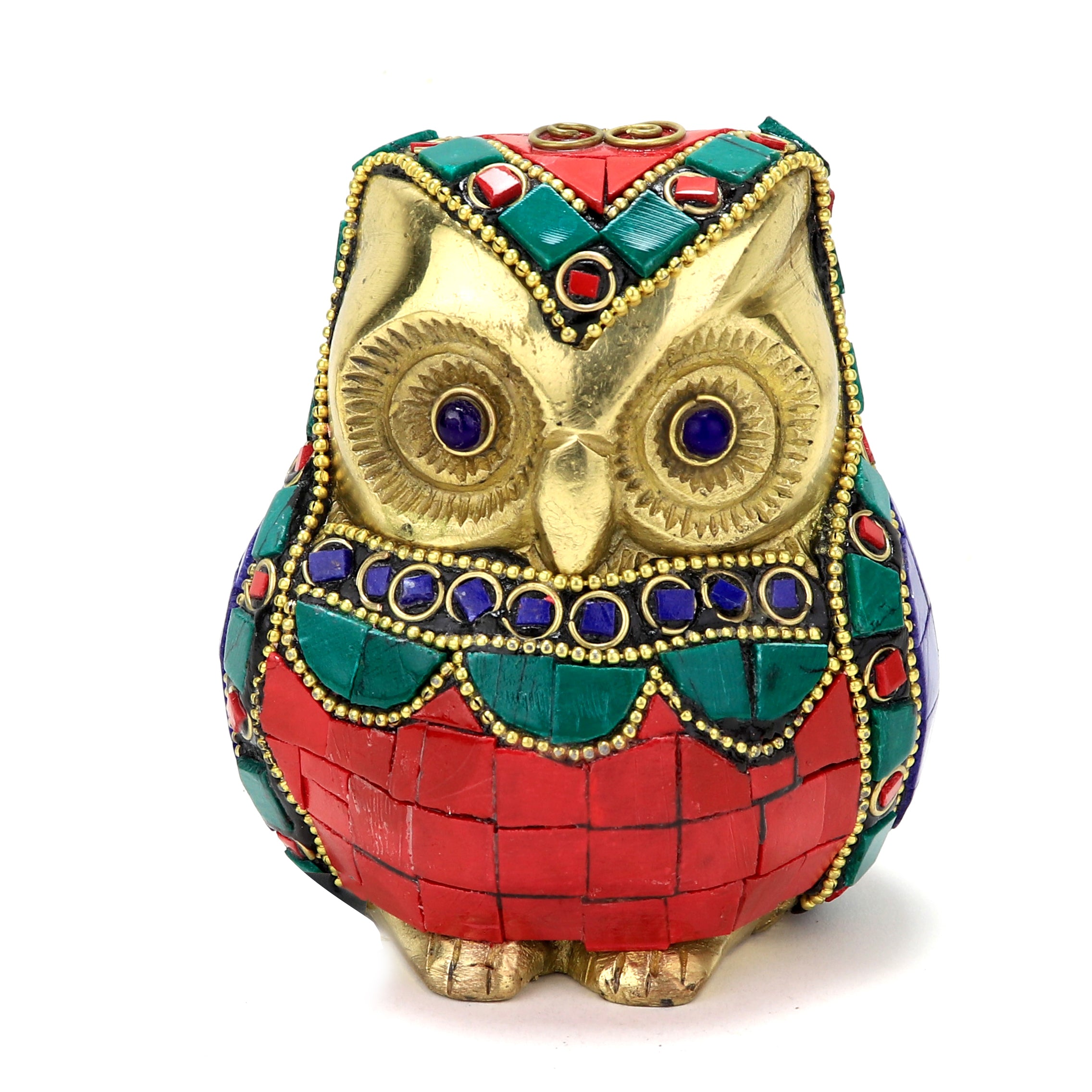 Brass Gemstone Work Vintage Owl Decor Showpiece