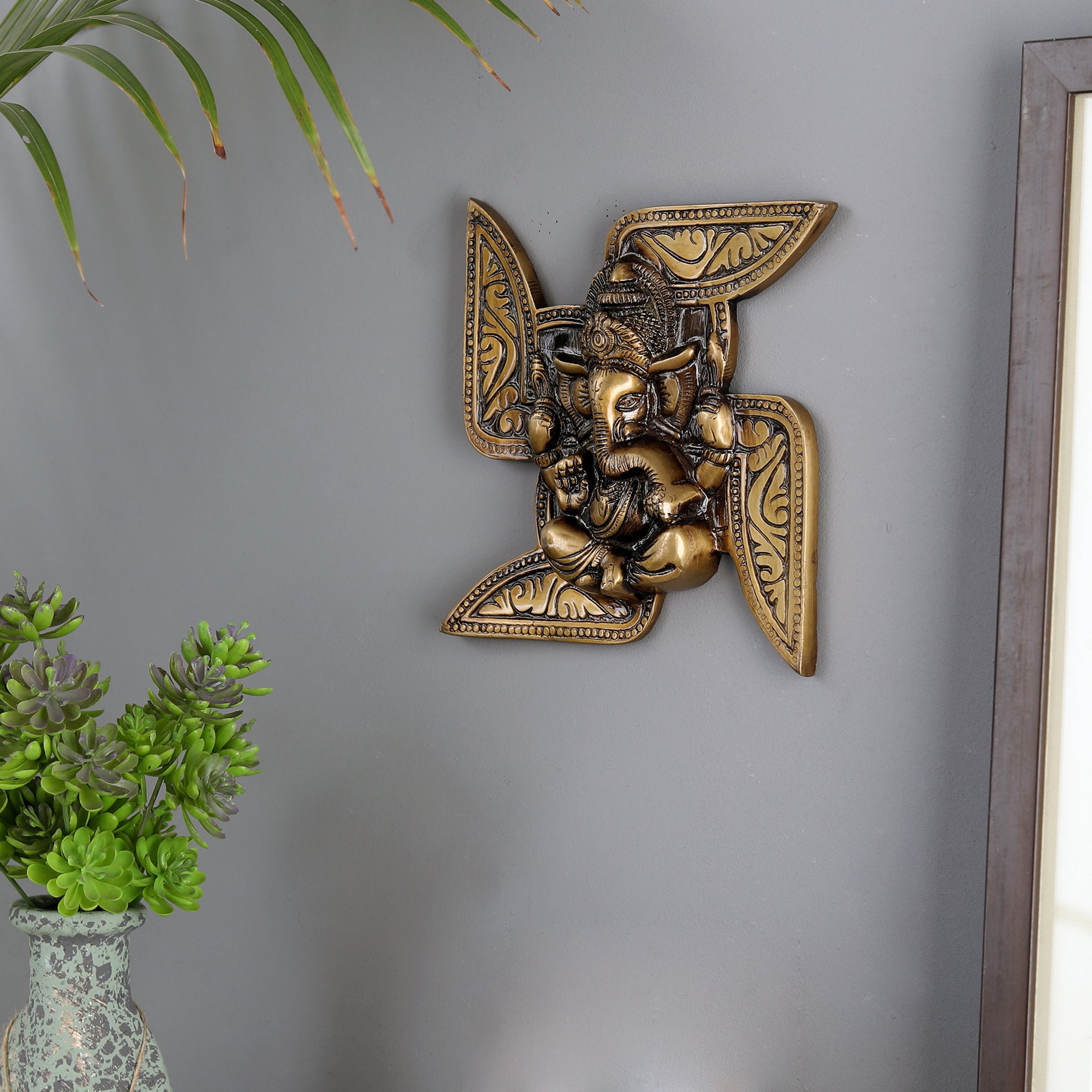 Brass Ganesha Swastika Wall Hanging, Brass Ganesha for Decor
