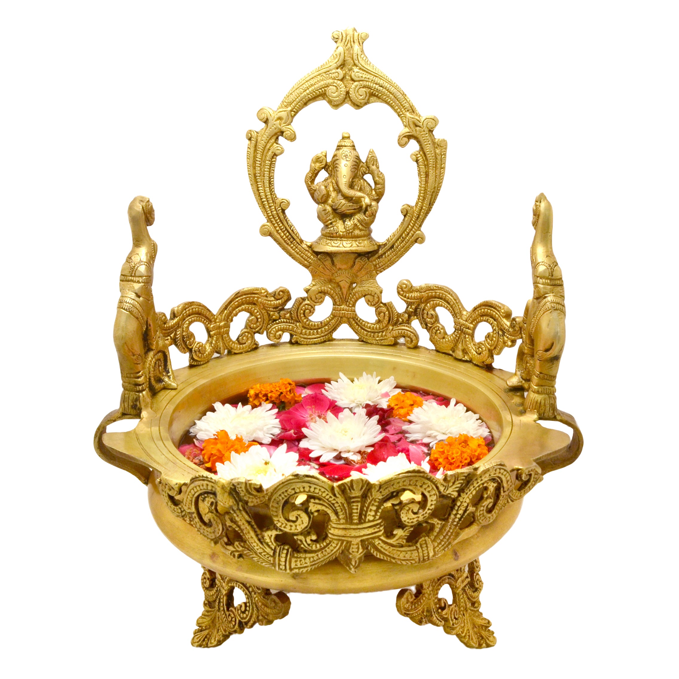 Brass Elephant Design Decorative Ganesha Traditional Urli Bowl Showpiece