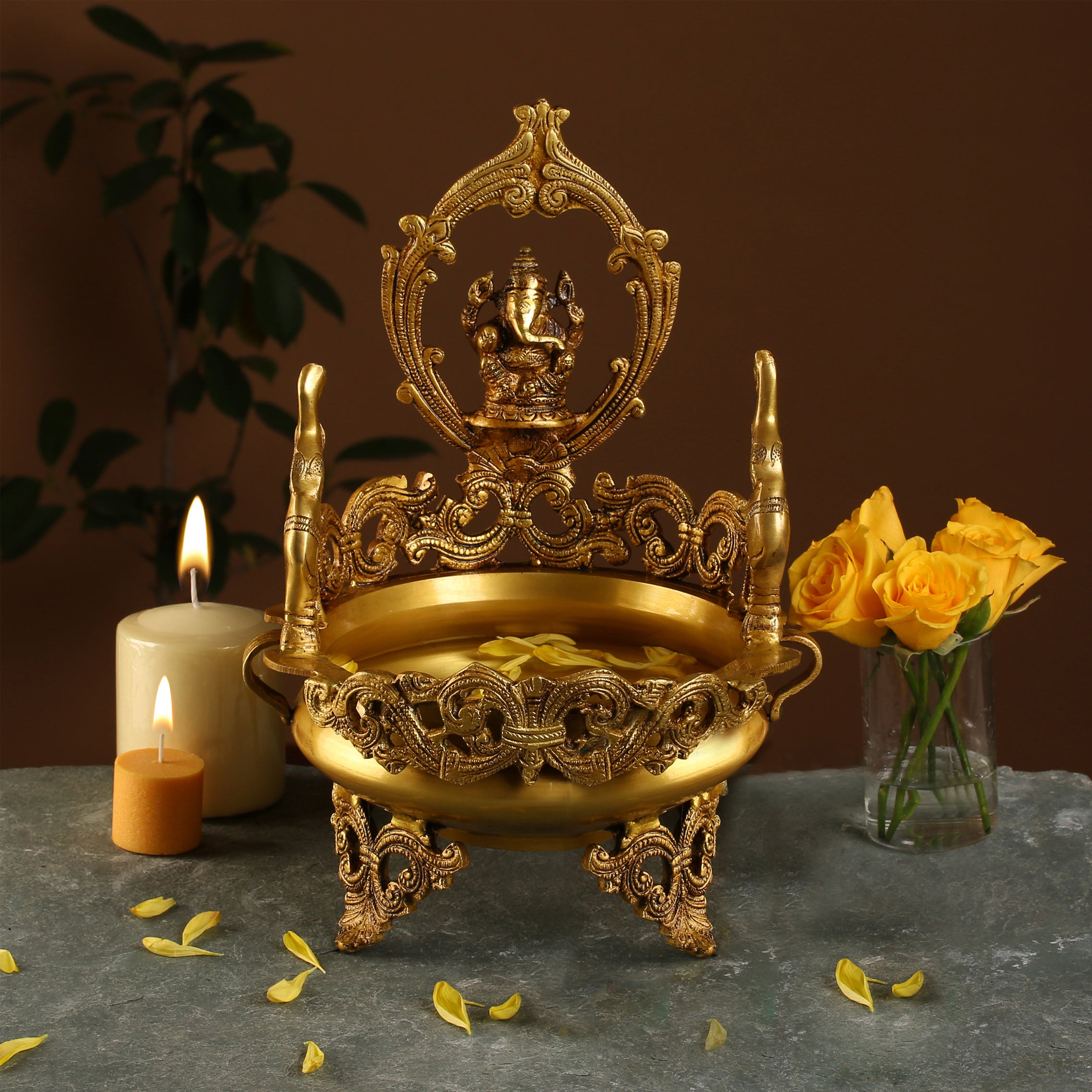 Brass Elephant Design Decorative Ganesha Traditional Urli Bowl Showpiece
