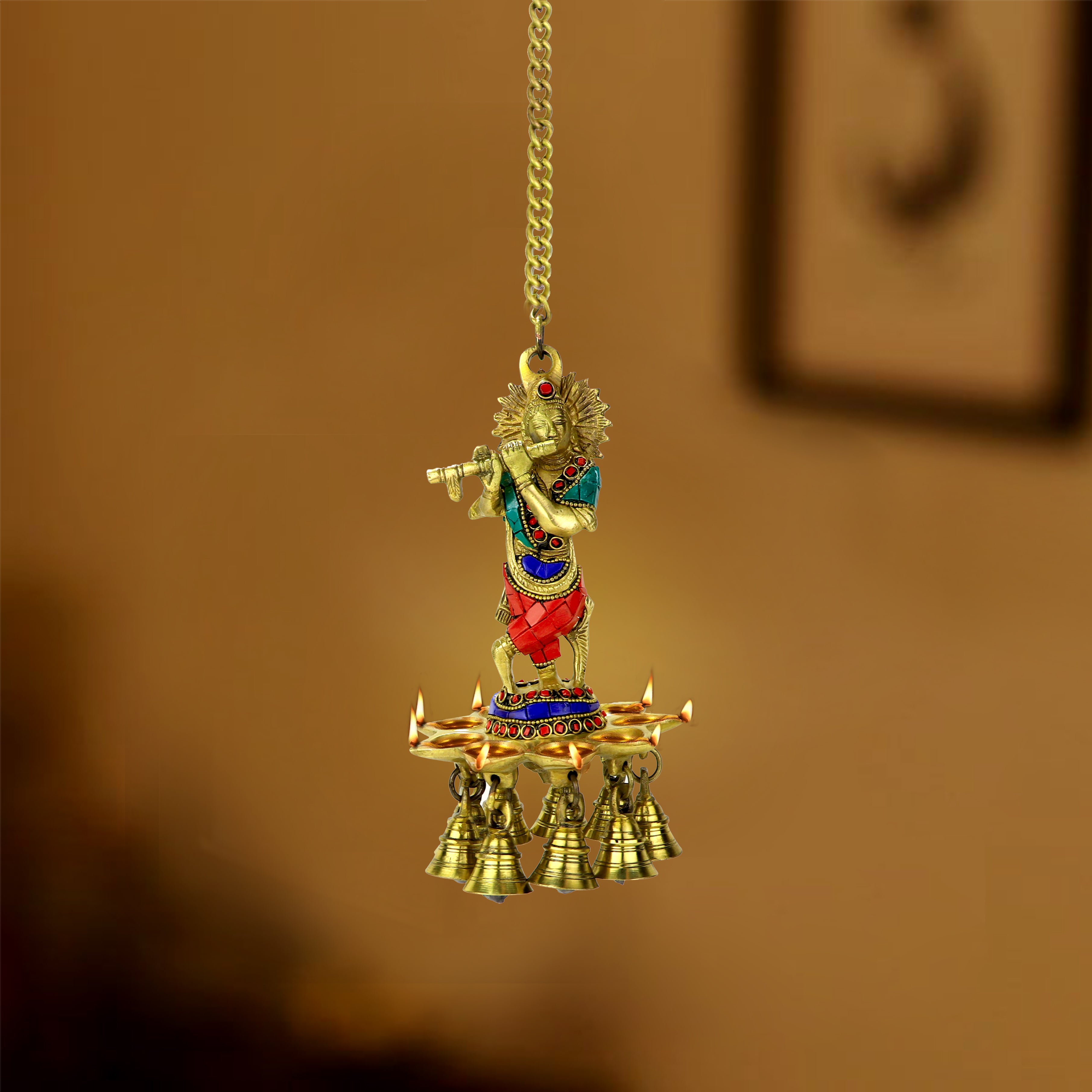 Gemstone Work Krishna Design Brass Hanging Diya, 8 Inches