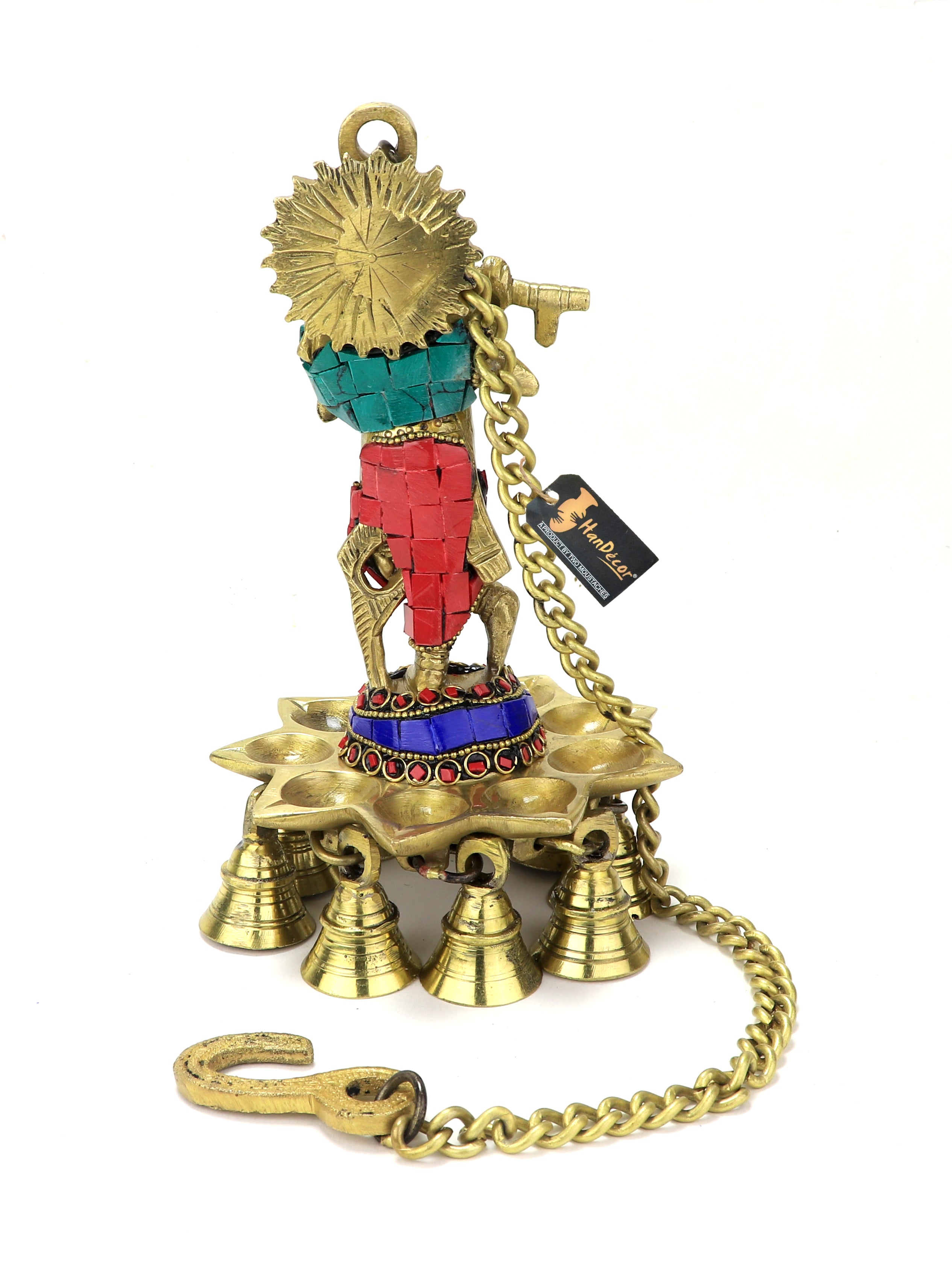 Gemstone Work Krishna Design Brass Hanging Diya, 8 Inches