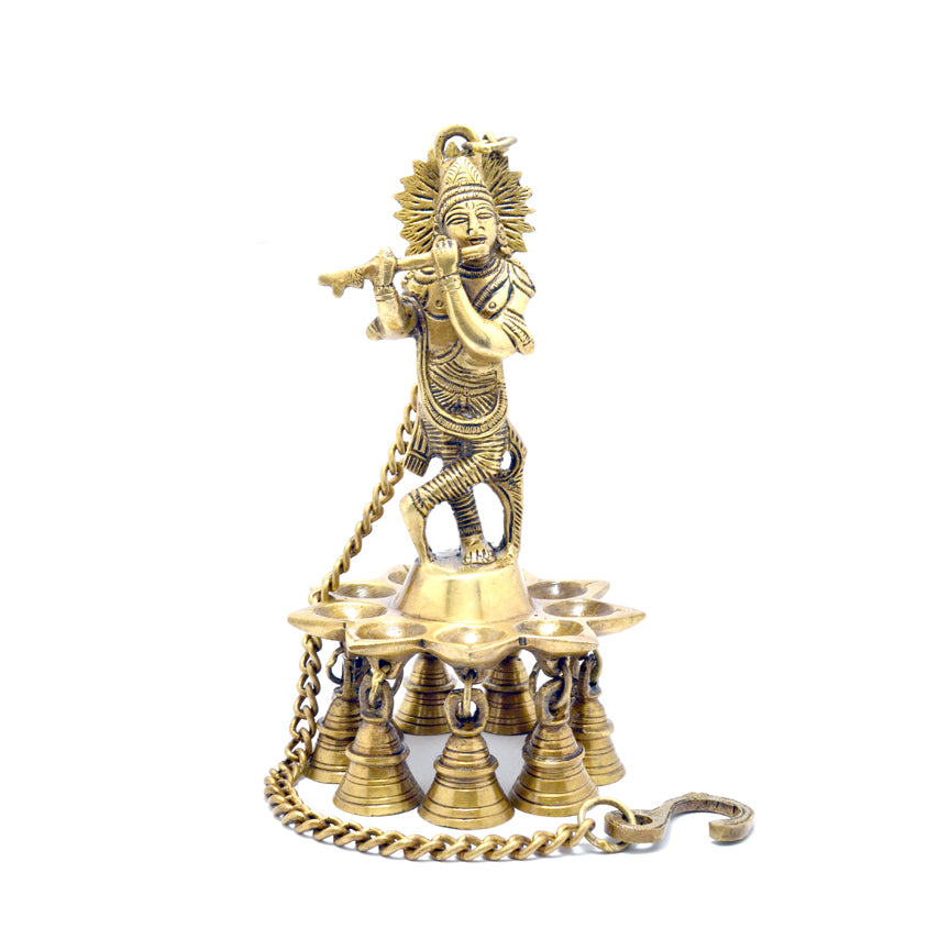 Brass Krishna Design Hanging Diya, 8 Inches Diya