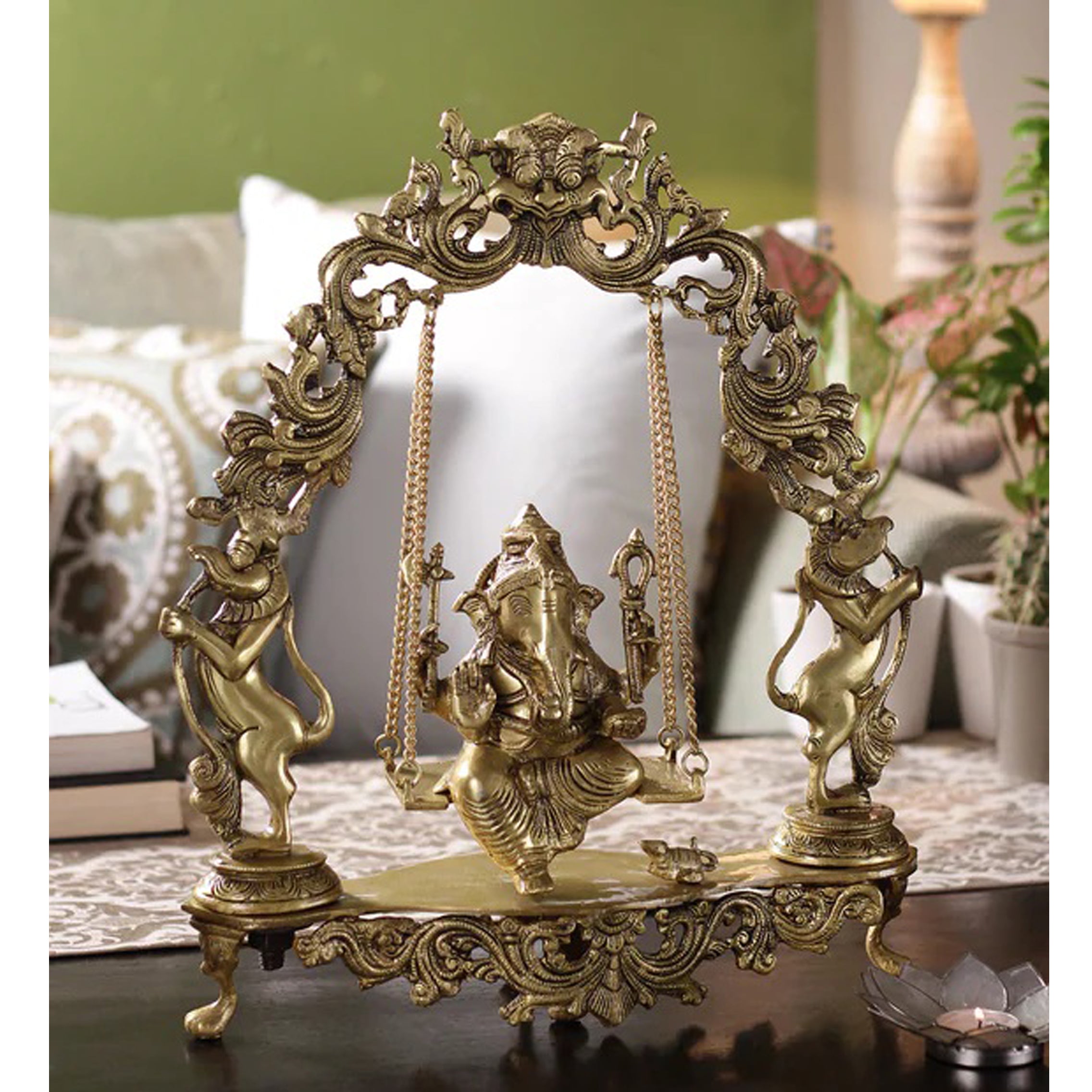 Brass Statue Ganesha on Jhula Swing Idol for Home Mandir