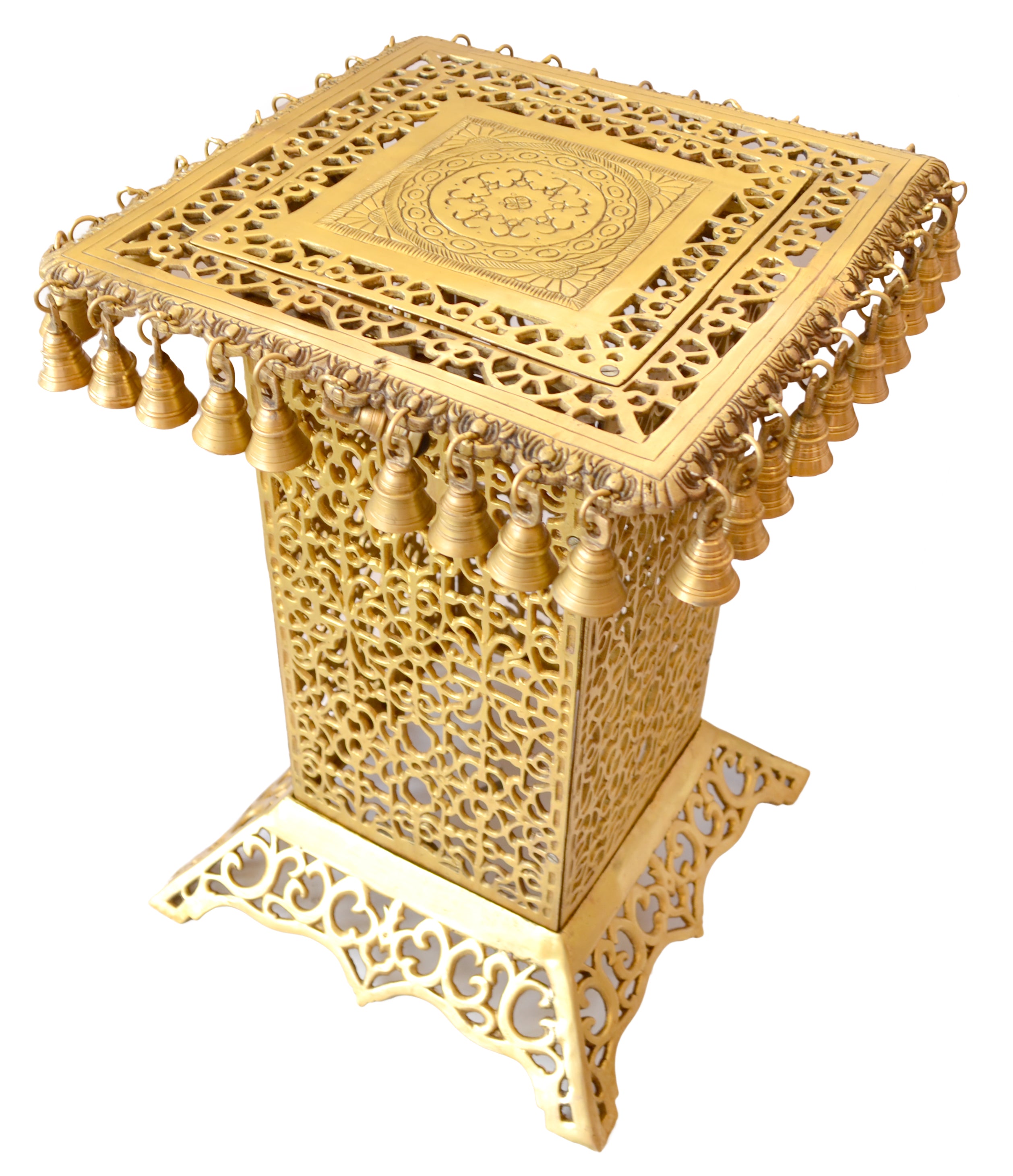 Ethnic Design Brass Metal Decorative Corner Table with Hanging Bells Showpiece for Home Decor