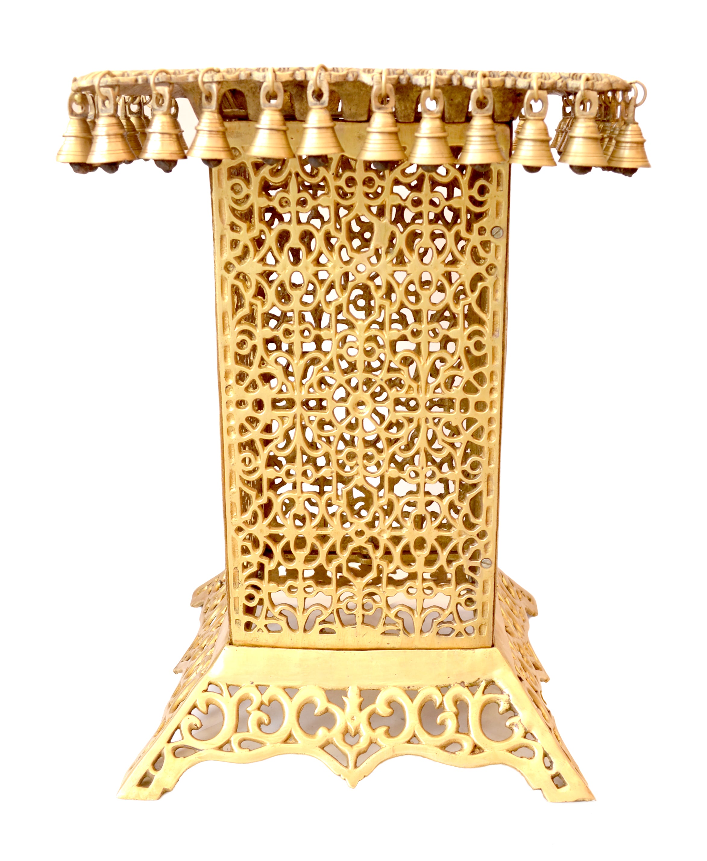 Ethnic Design Brass Metal Decorative Corner Table with Hanging Bells Showpiece for Home Decor