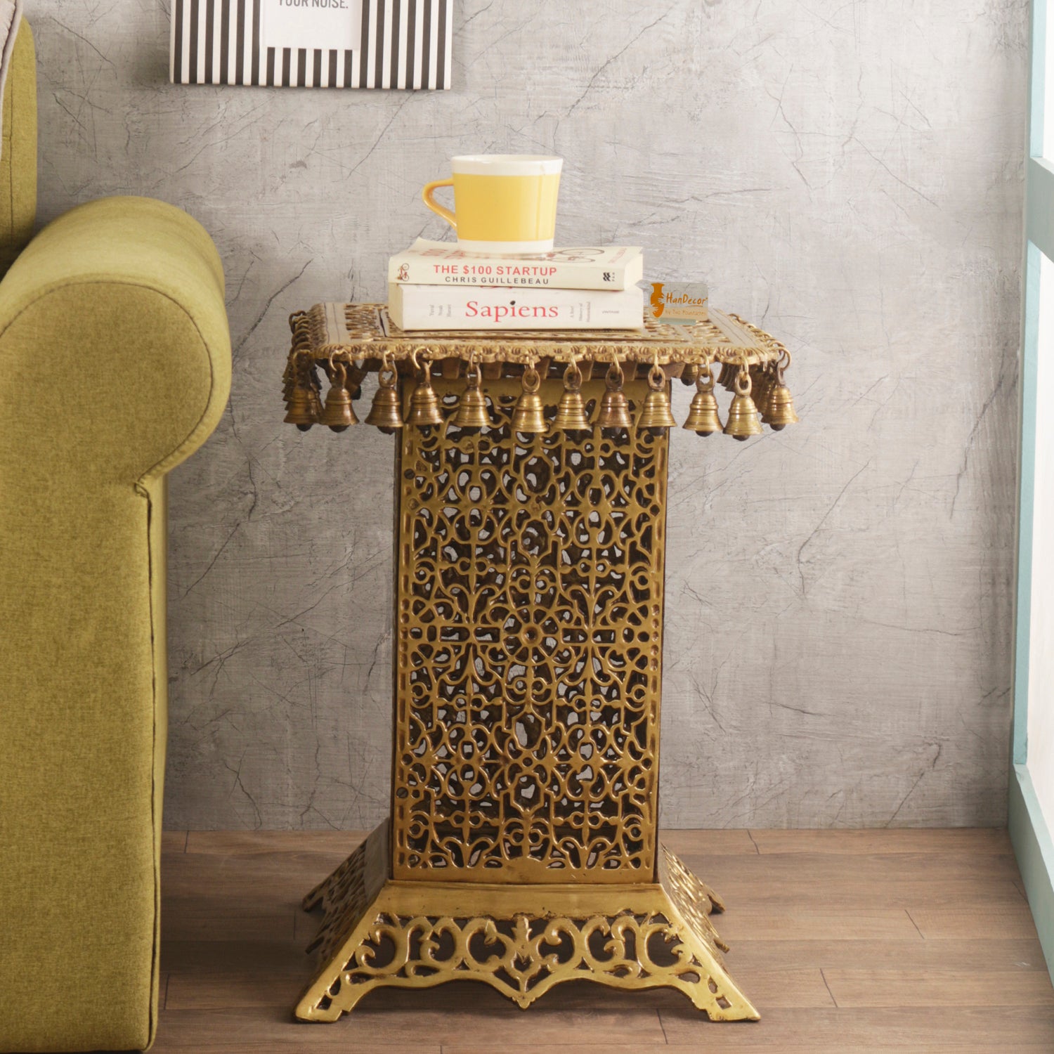 Ethnic Design Brass Metal Decorative Corner Table with Hanging Bells Showpiece for Home Decor