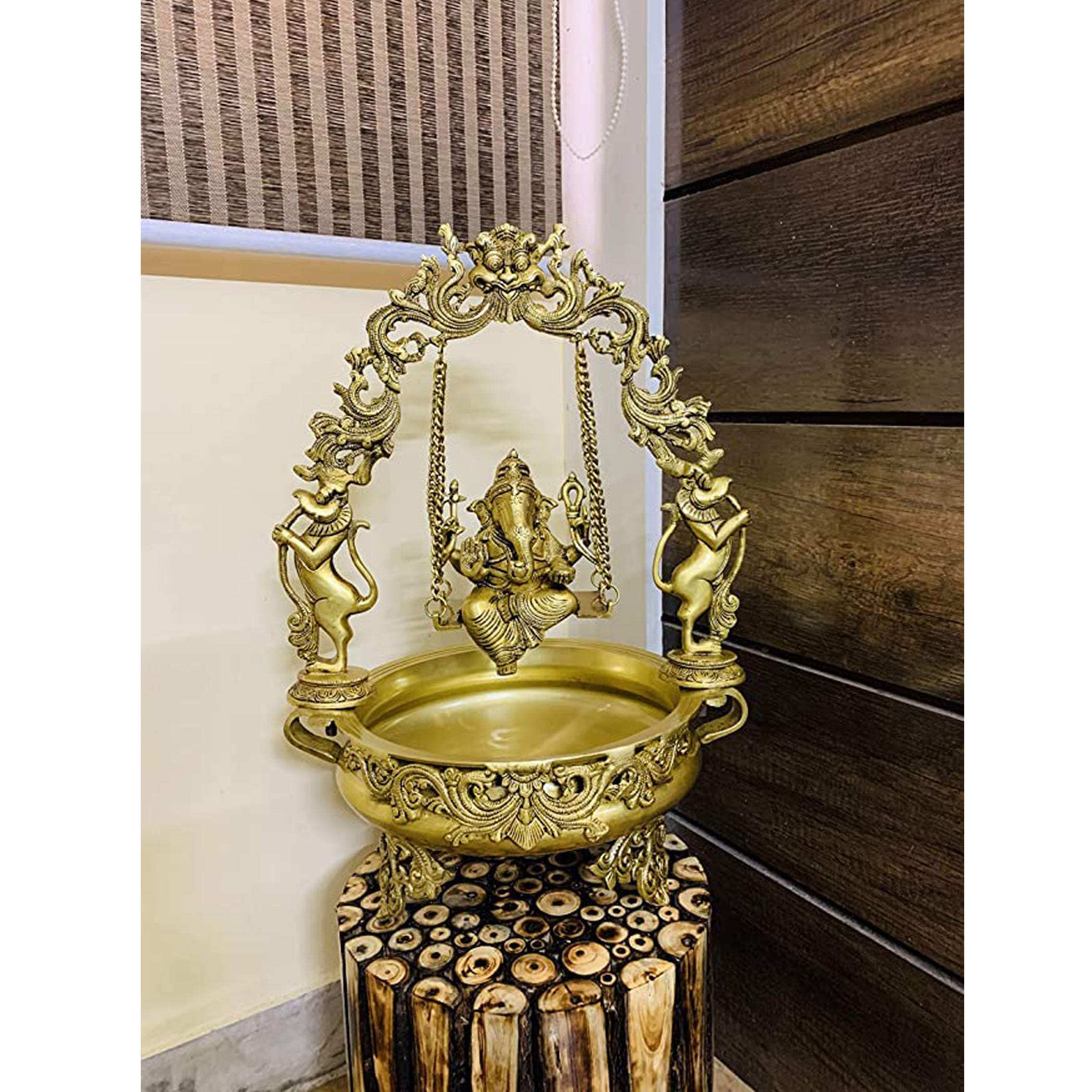 Brass Ethnic Design Swing Ganesha Urli Showpiece