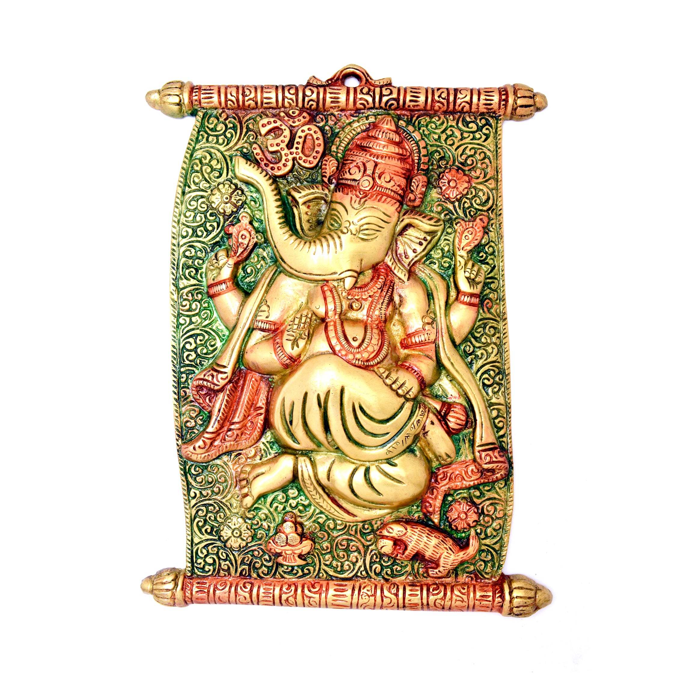 Brass Scroll Design Ganesha Multicolored Wall Hanging