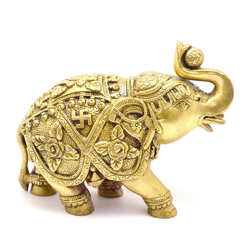 Brass Om and Swastika Carving 7 Inches Elephant Showpiece