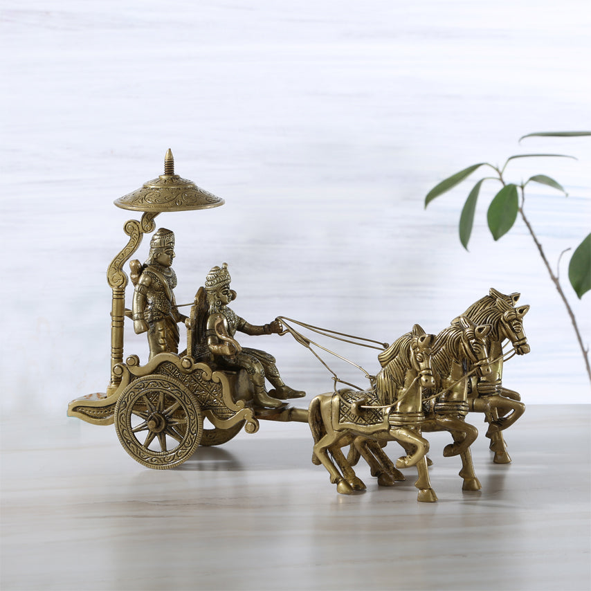 Brass Krishna Arjuna Rath Showpiece | Mahabharat Krishna Arjuna Rath Chariot with 4 Horses