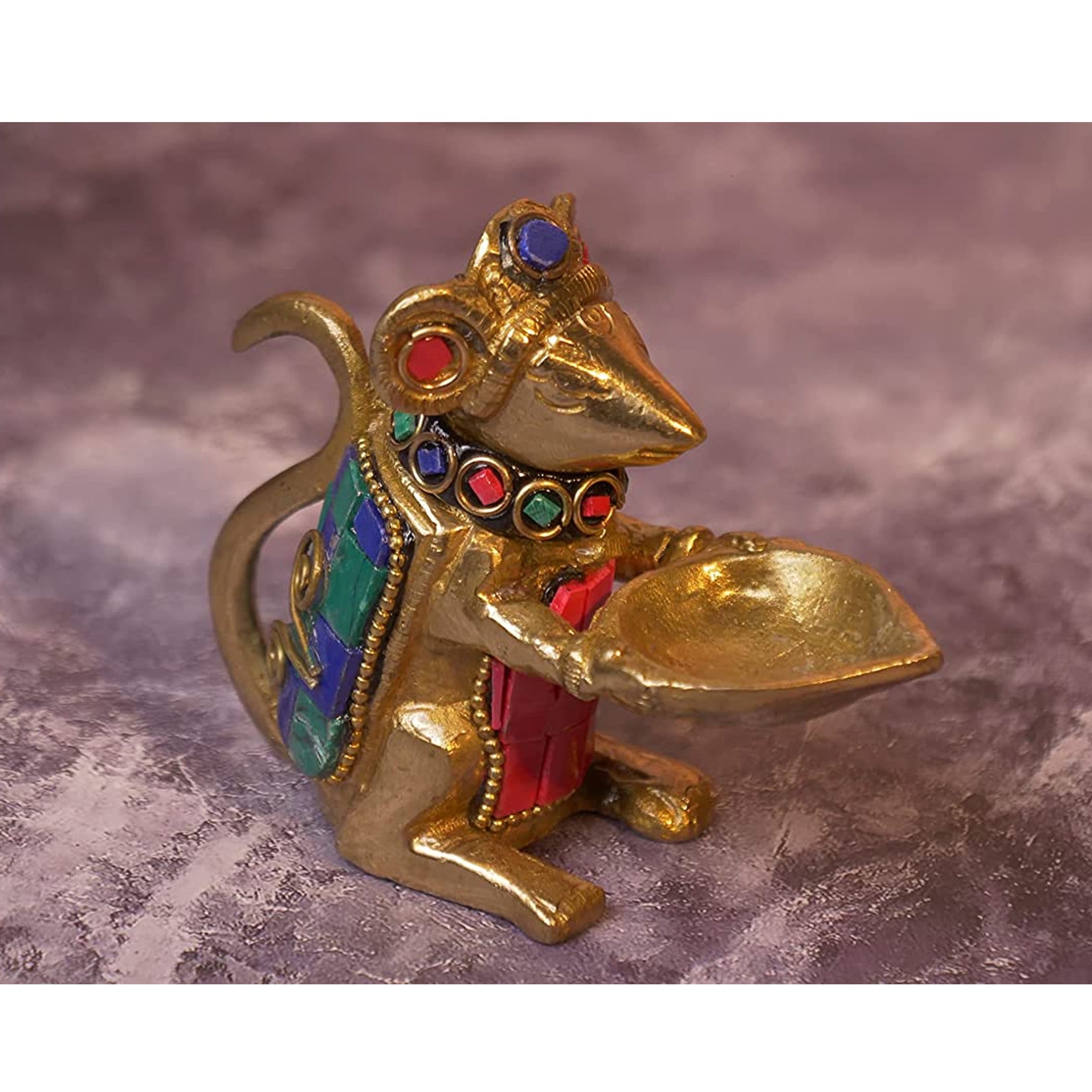 Brass Gemstone Work Ganesha Mouse Holding Oil Lamp Diya