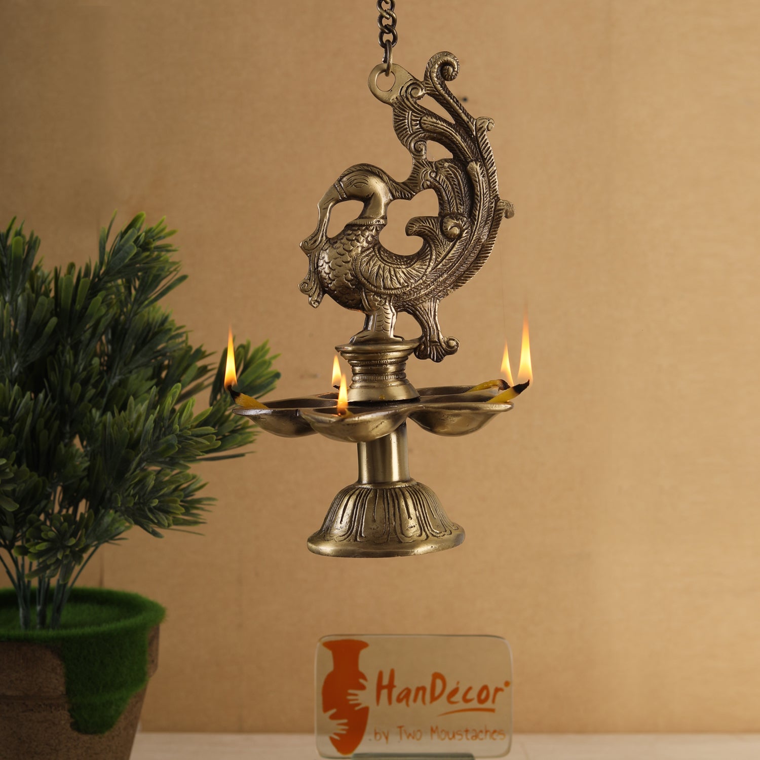 Brass Peacock Design 5-Wick Oil Lamp Hanging Diya for Home Decor