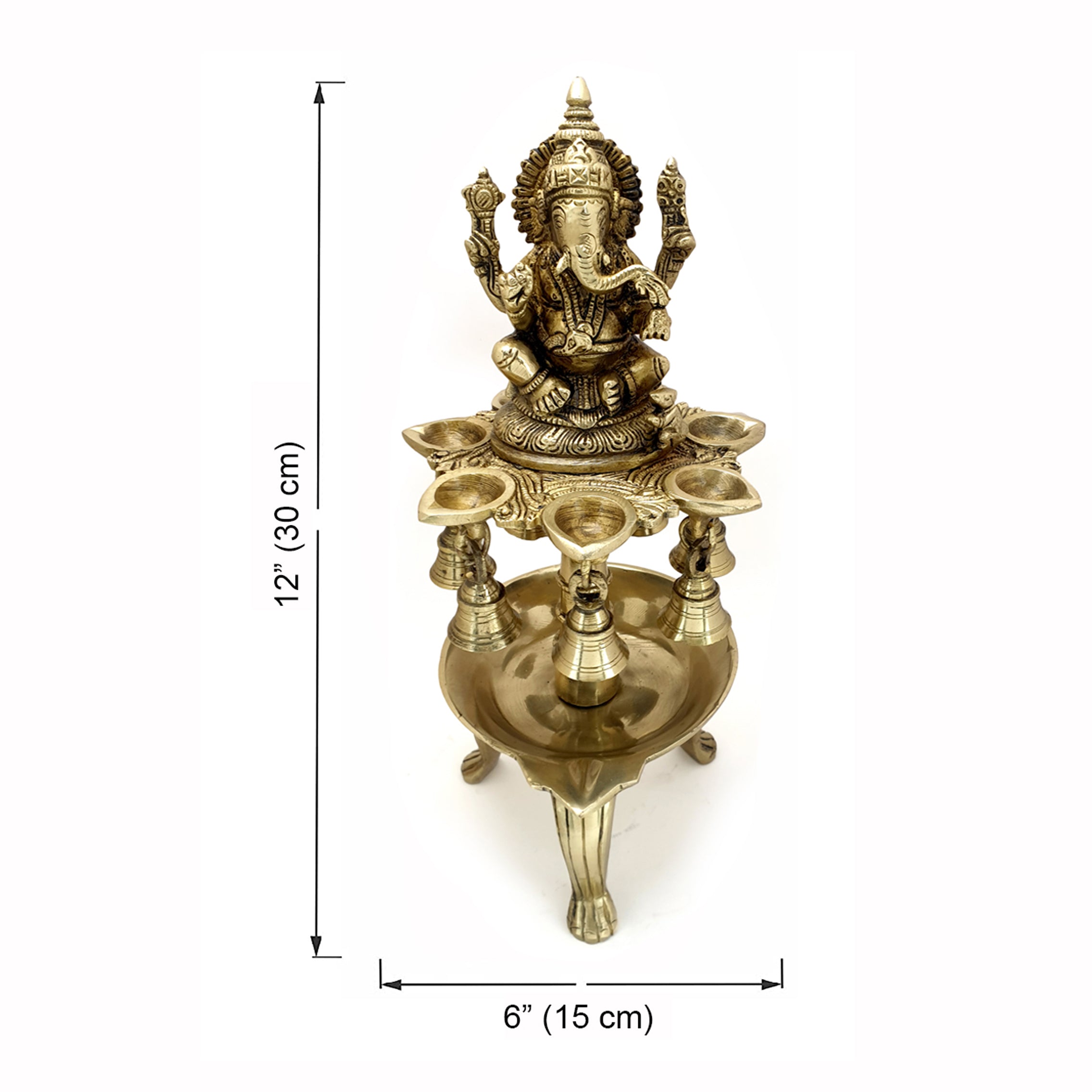 Brass Ganesha 8 Wick Oil Diya with Bells for Home Decor