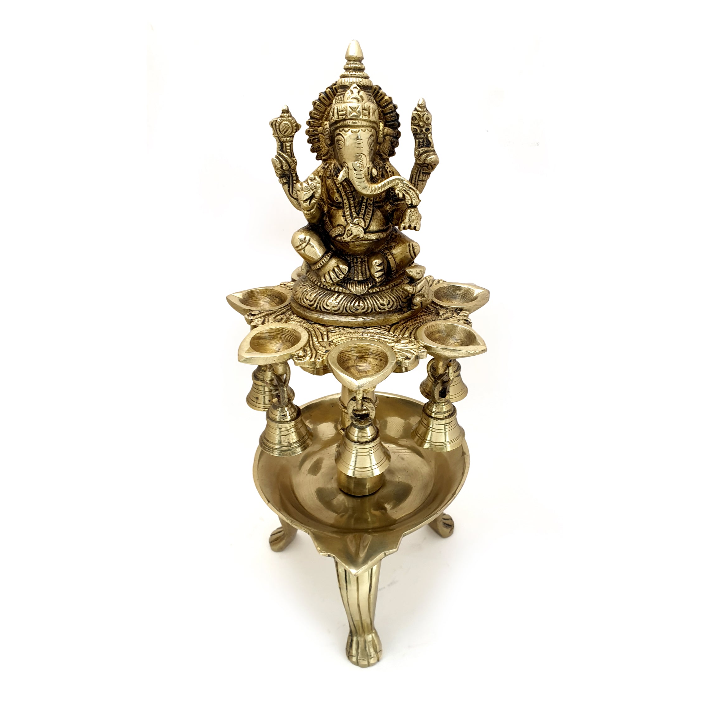 Brass Ganesha 8 Wick Oil Diya with Bells for Home Decor