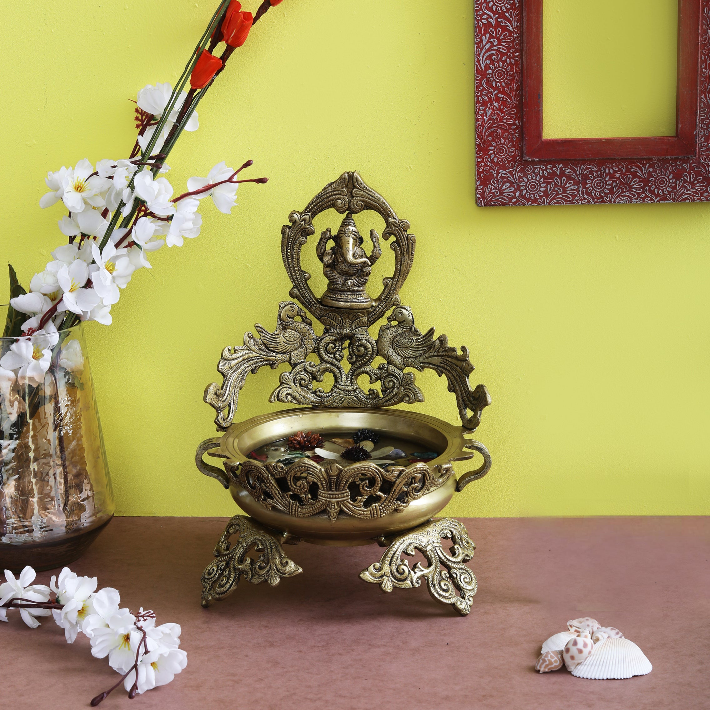 Brass Peacock Design Ganesha Urli Showpiece, Yellow