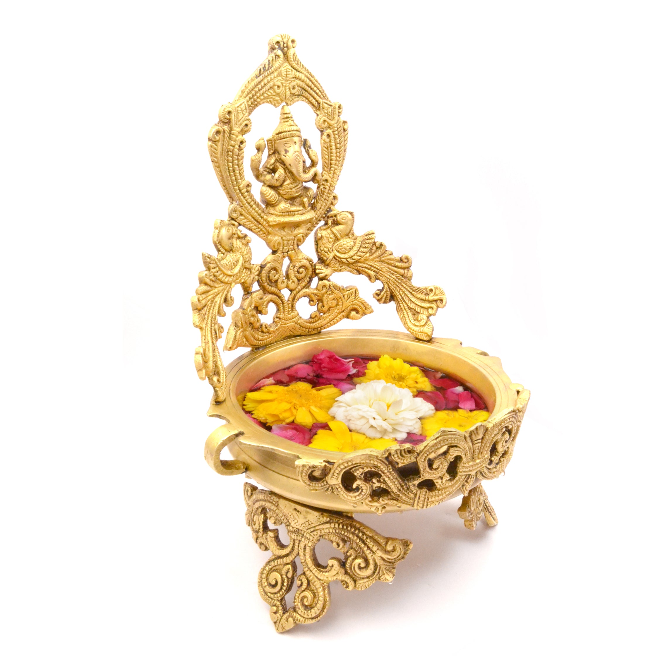 Brass Peacock Design Ganesha Urli Showpiece, Yellow