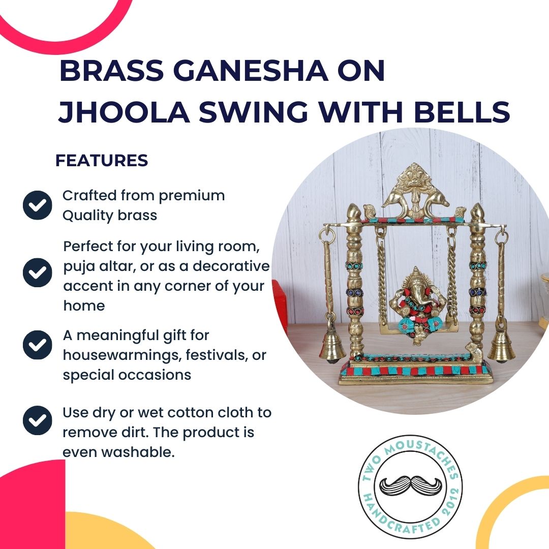 Gemstone Work Ganesha on Jhoola Swing with Bells Brass Showpiece, Brass Showpiece for Home Decor