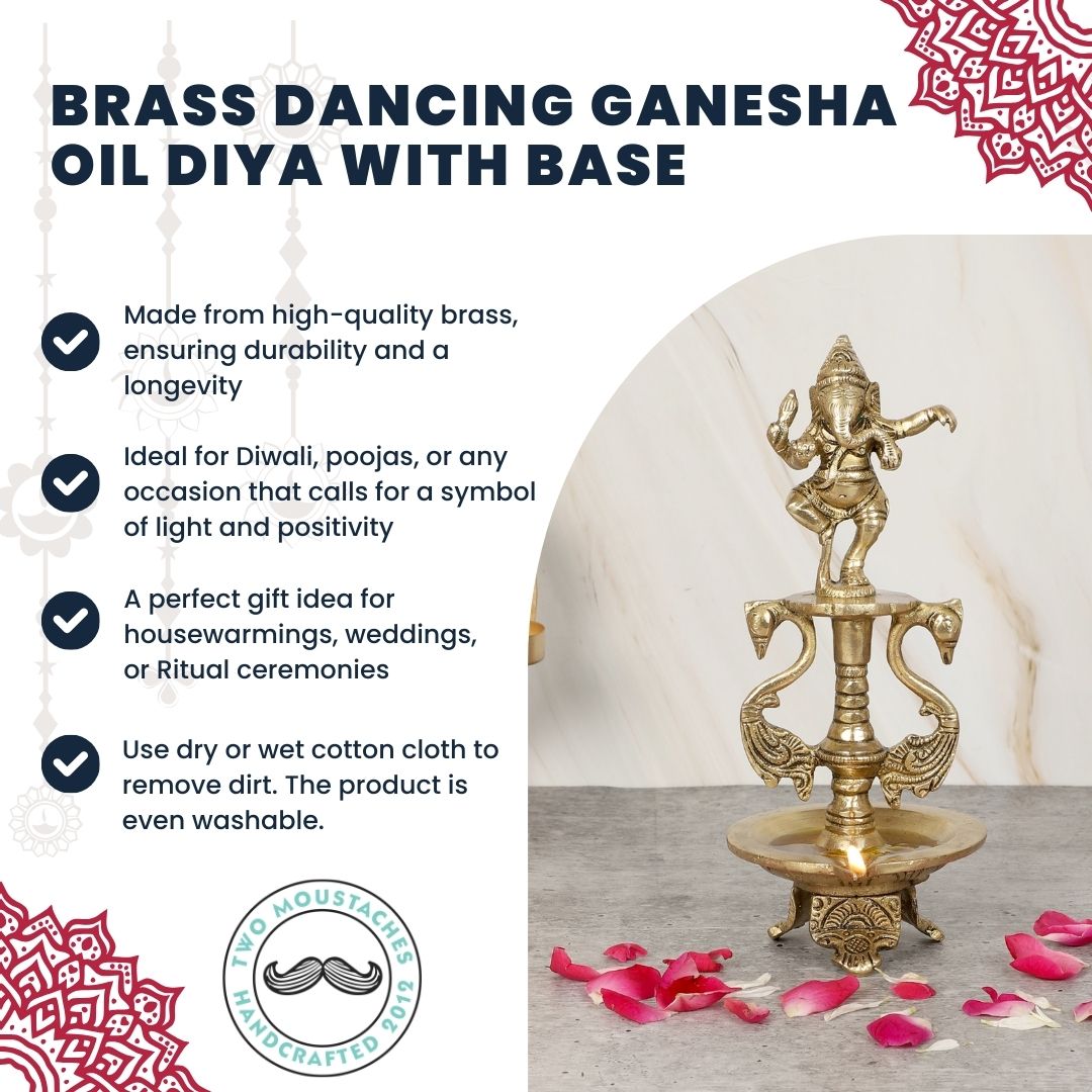 Brass Dancing Ganesha Oil Diya with Base, Diyas for Puja