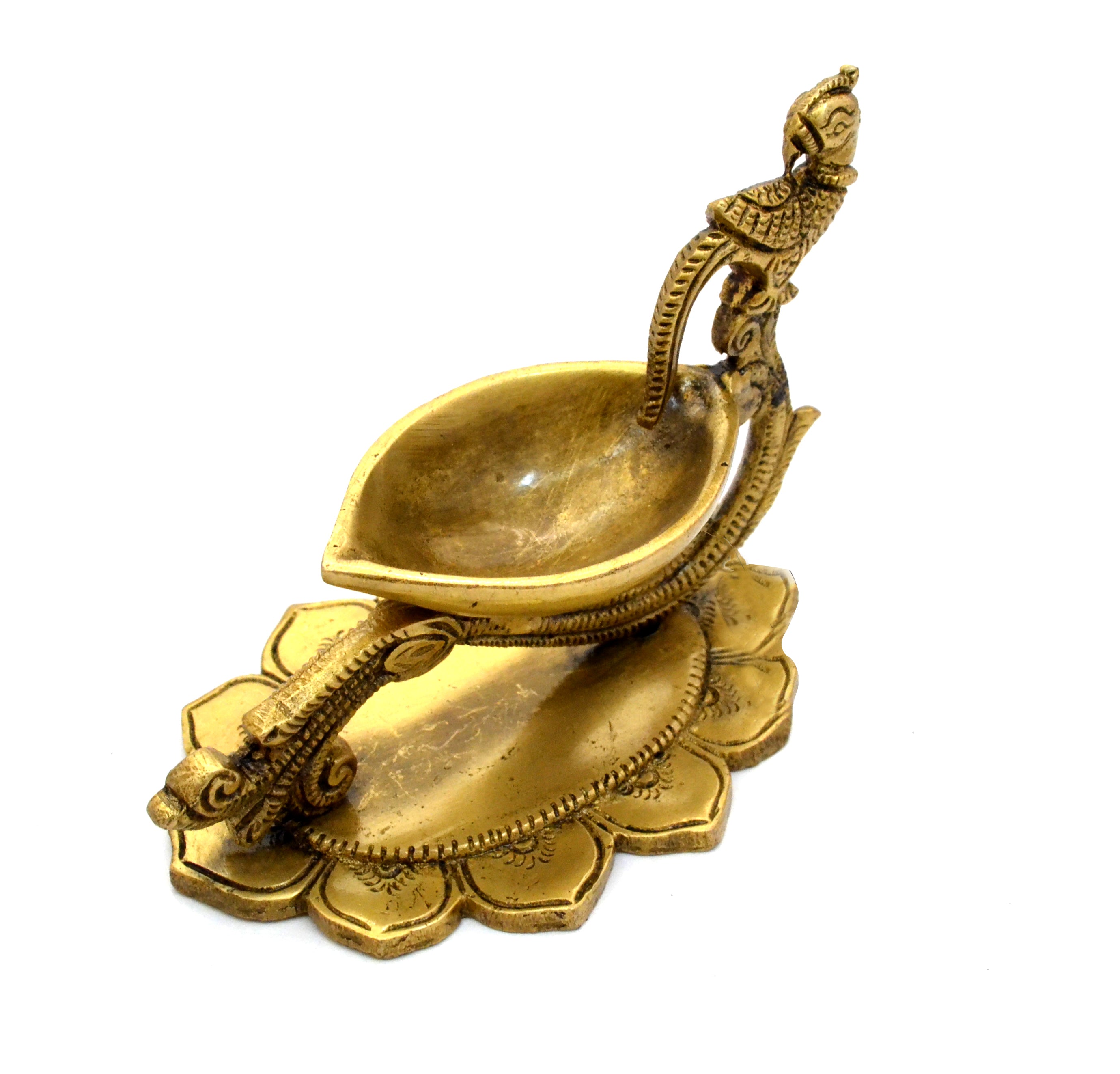 Peacock on Handle Design Brass Oil Diya