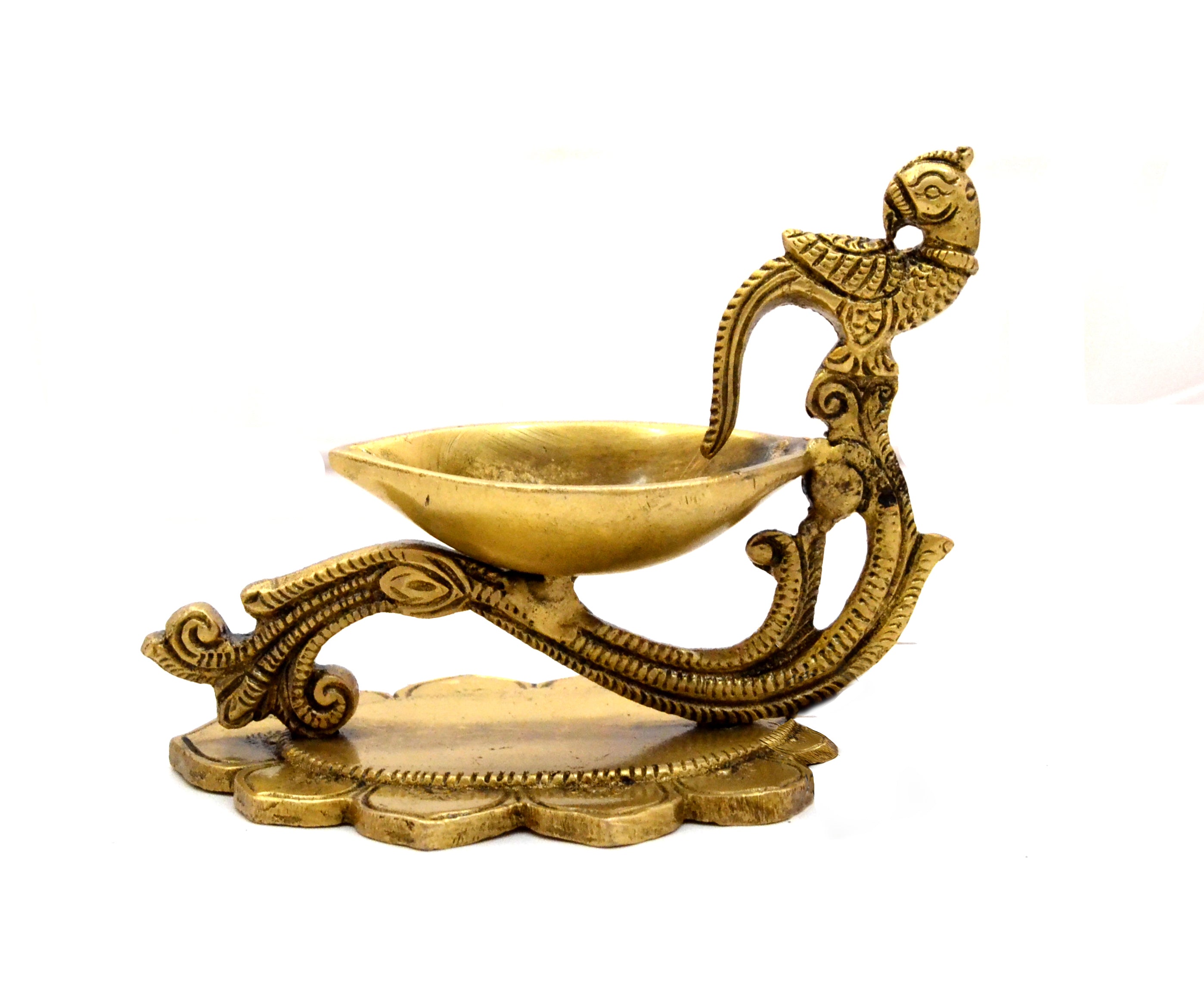 Peacock on Handle Design Brass Oil Diya
