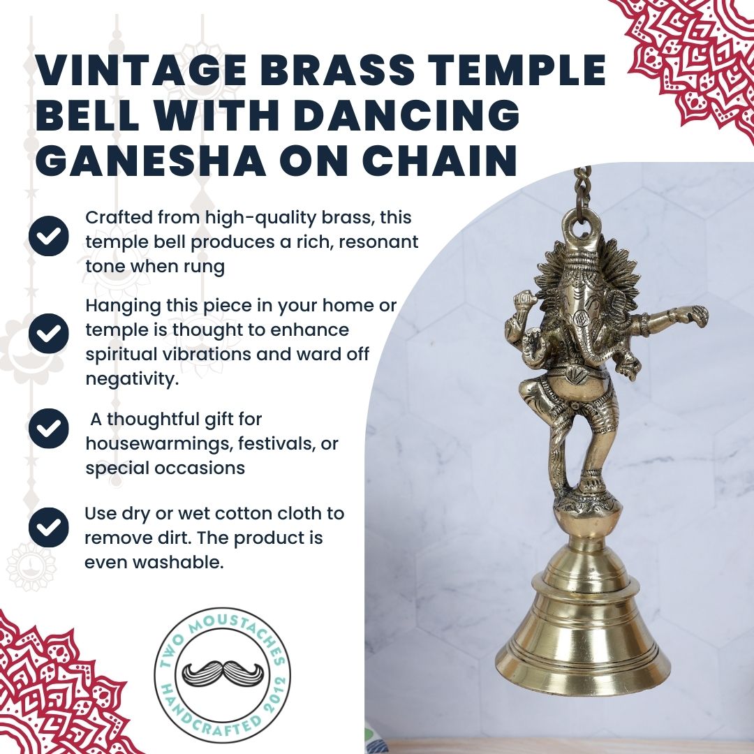 Vintage Brass Temple Bell with Dancing Ganesha On Chain, Brass Temple Bell