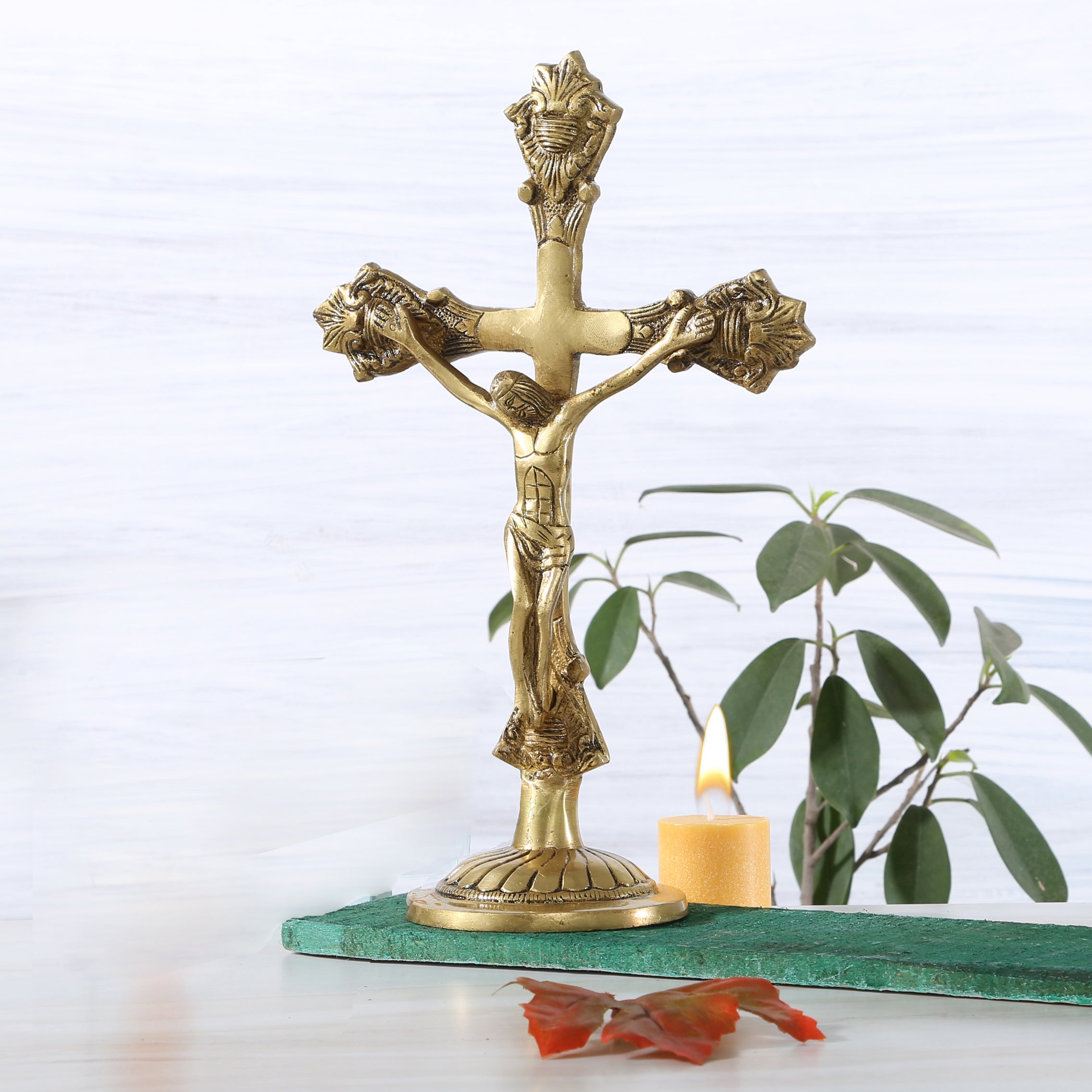 Brass Lord Jesus On Holy Cross Statue, Standard, Antique Yellow