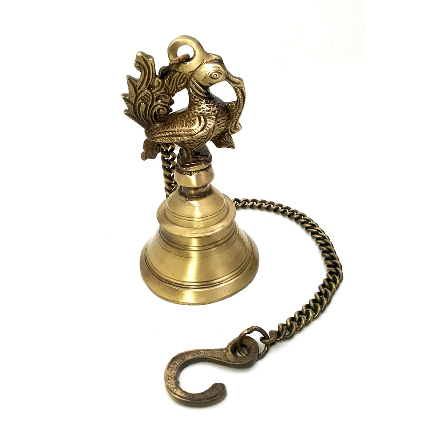 Brass Peacock Design Hanging Bell, Standard, Antique Brown