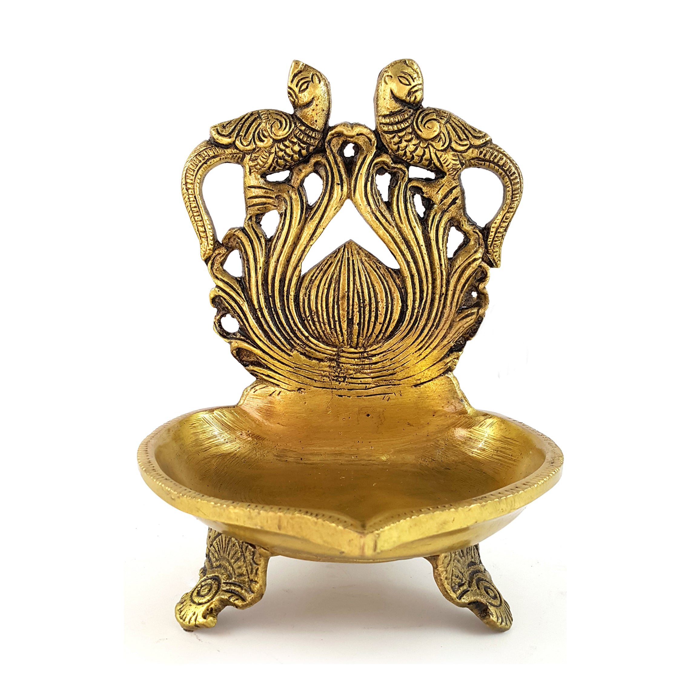 Brass Twin Peacock Over Carving Table Diya