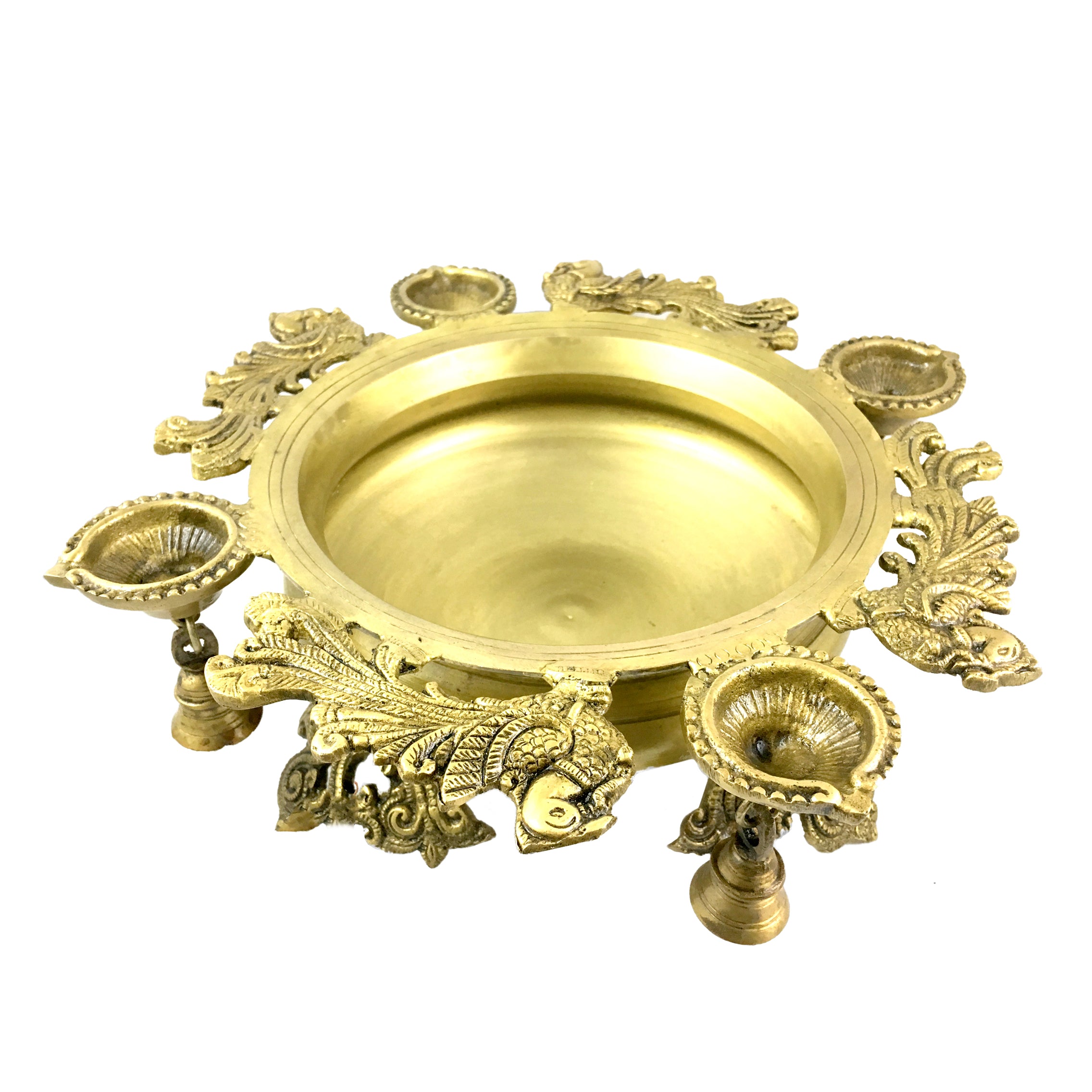 Brass Peacock Design Urli with 4 Diyas