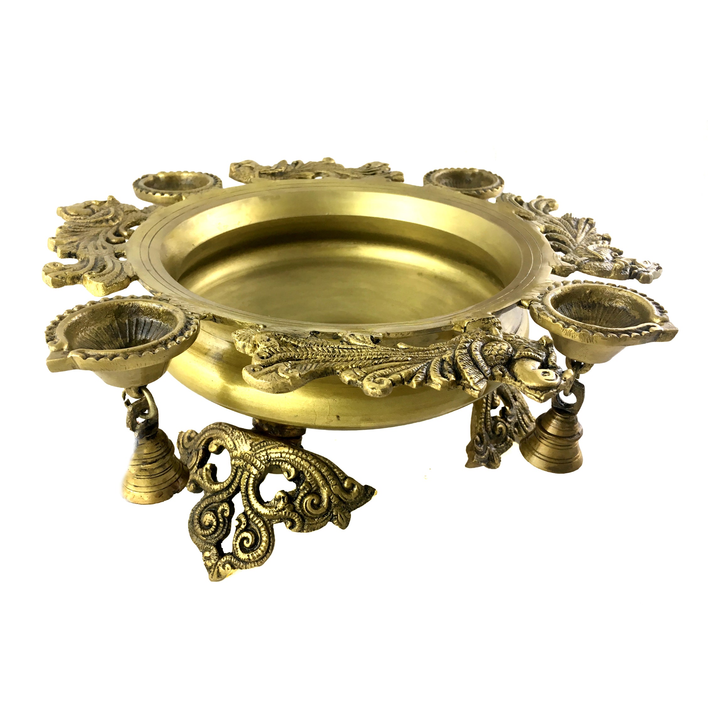 Brass Peacock Design Urli with 4 Diyas