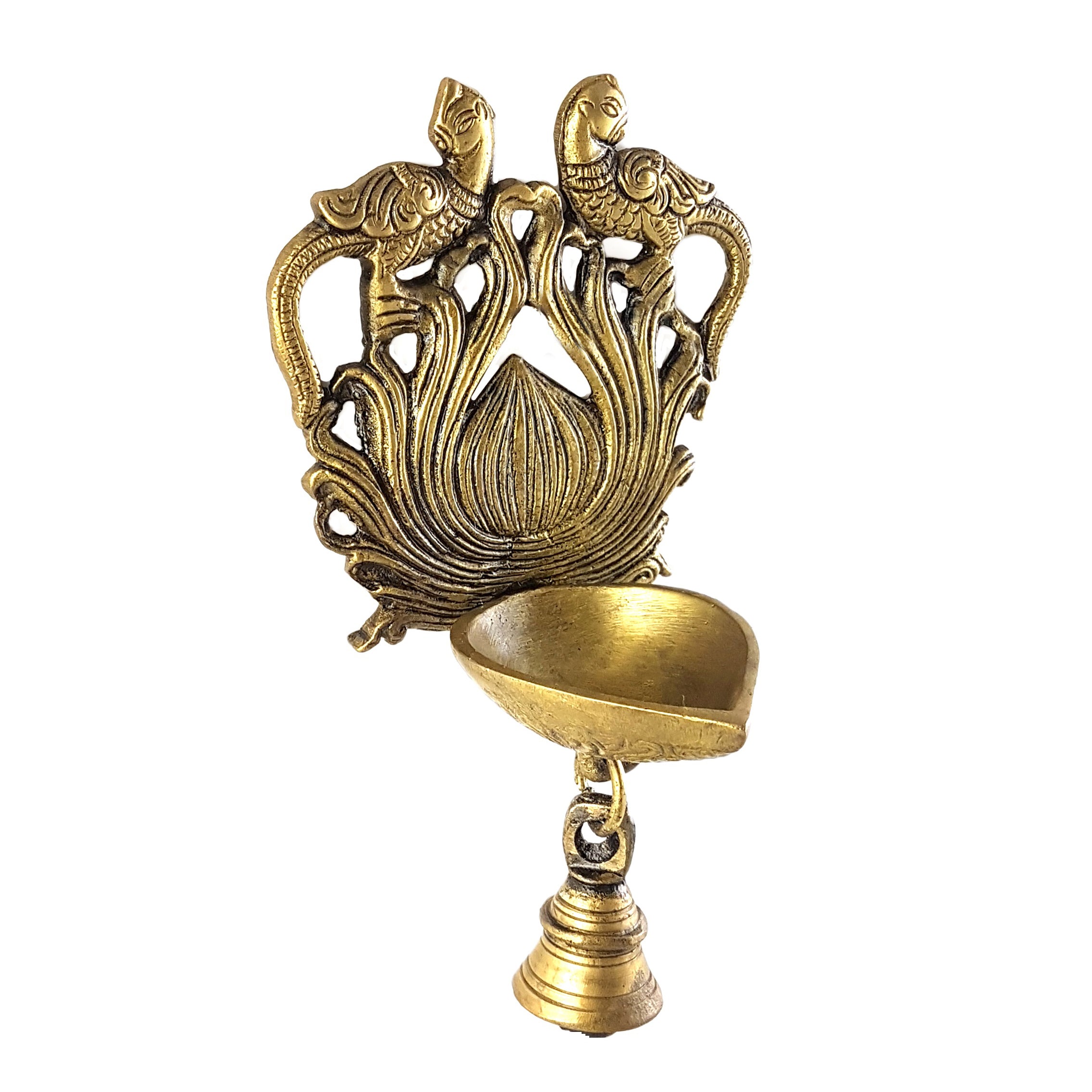 Brass Ethnic Twin Peacock Design Wall Hanging Diya with Bell