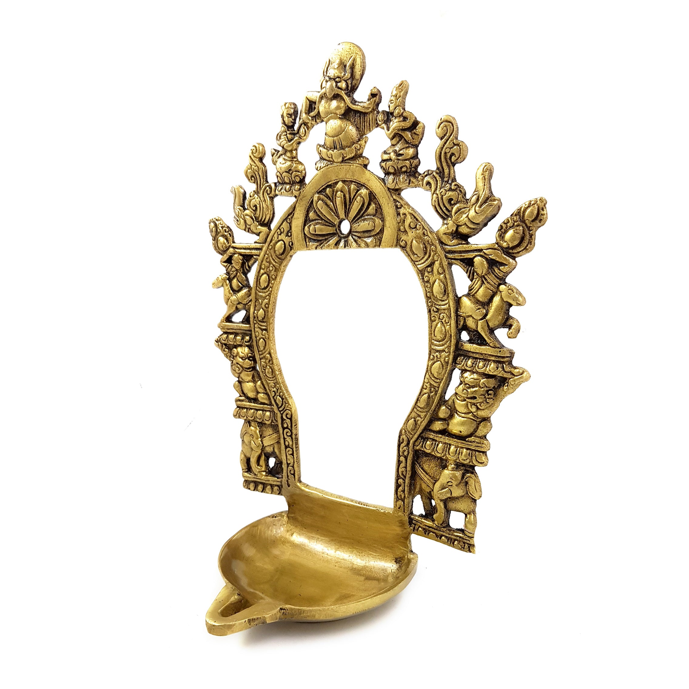 Brass Ethnic Carving Prabhavali Frame with Diya (Antique Yellow)