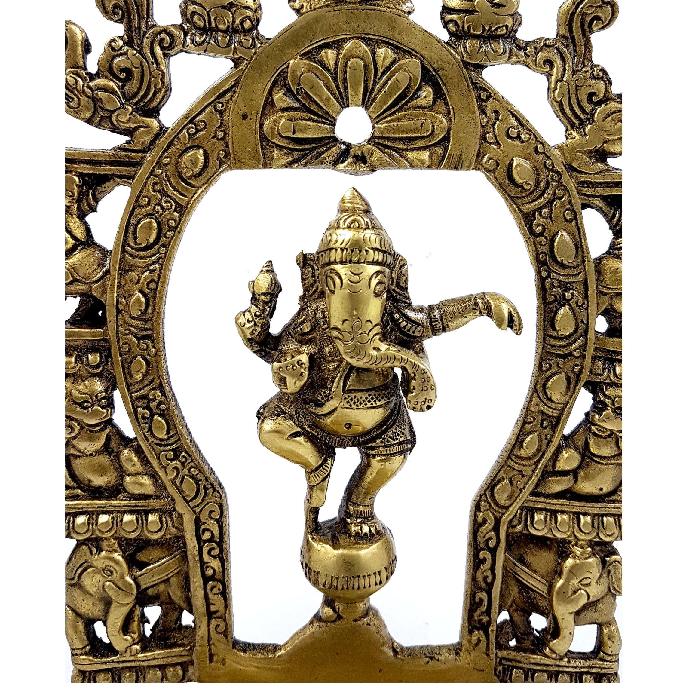 Brass Ethnic Indian Carving Dancing Ganesha Design Diya with Prabhavali Frame