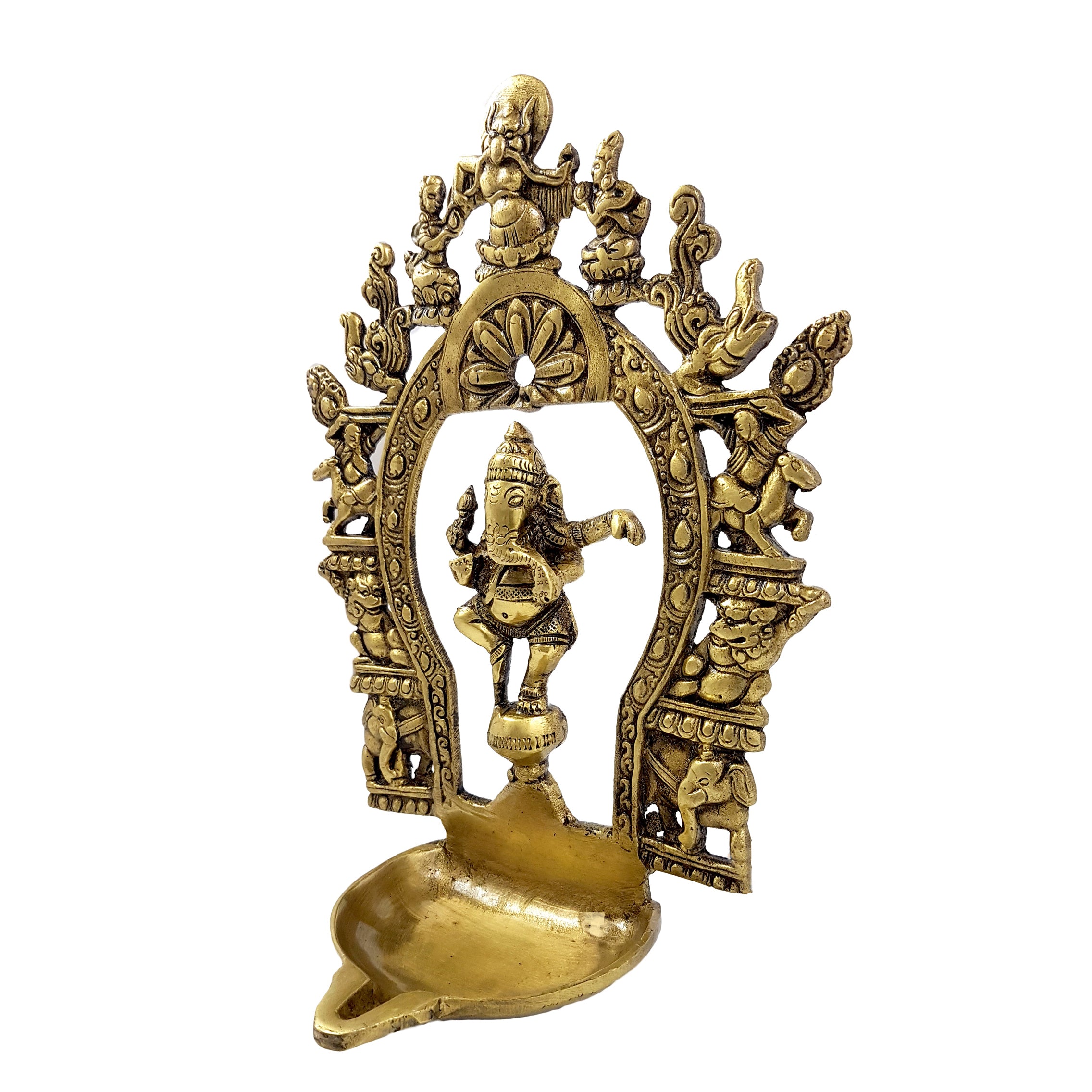 Brass Ethnic Indian Carving Dancing Ganesha Design Diya with Prabhavali Frame