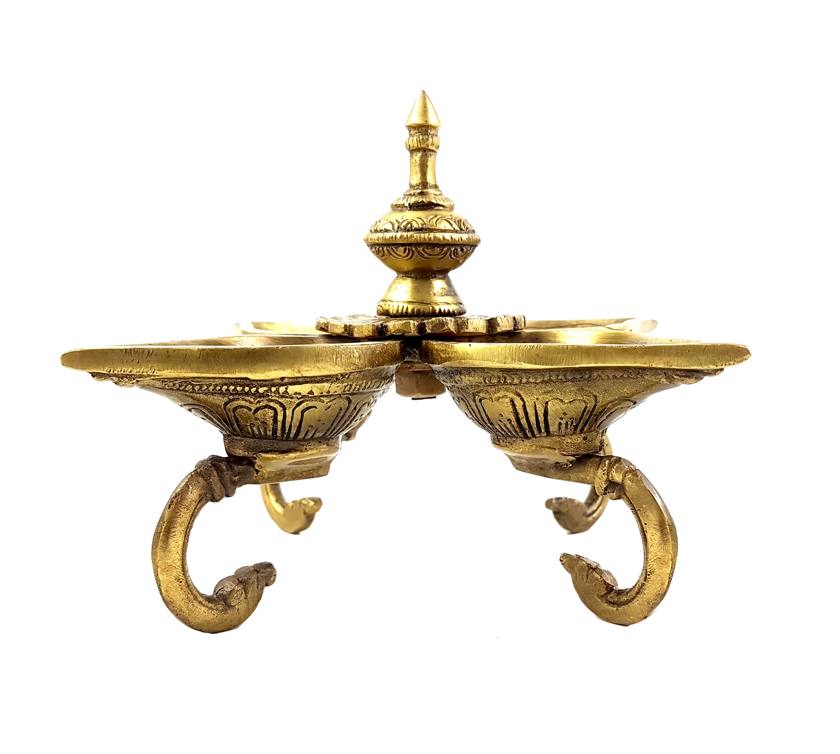 Brass Ethnic Indian Design Four Diyas on Curved Stand