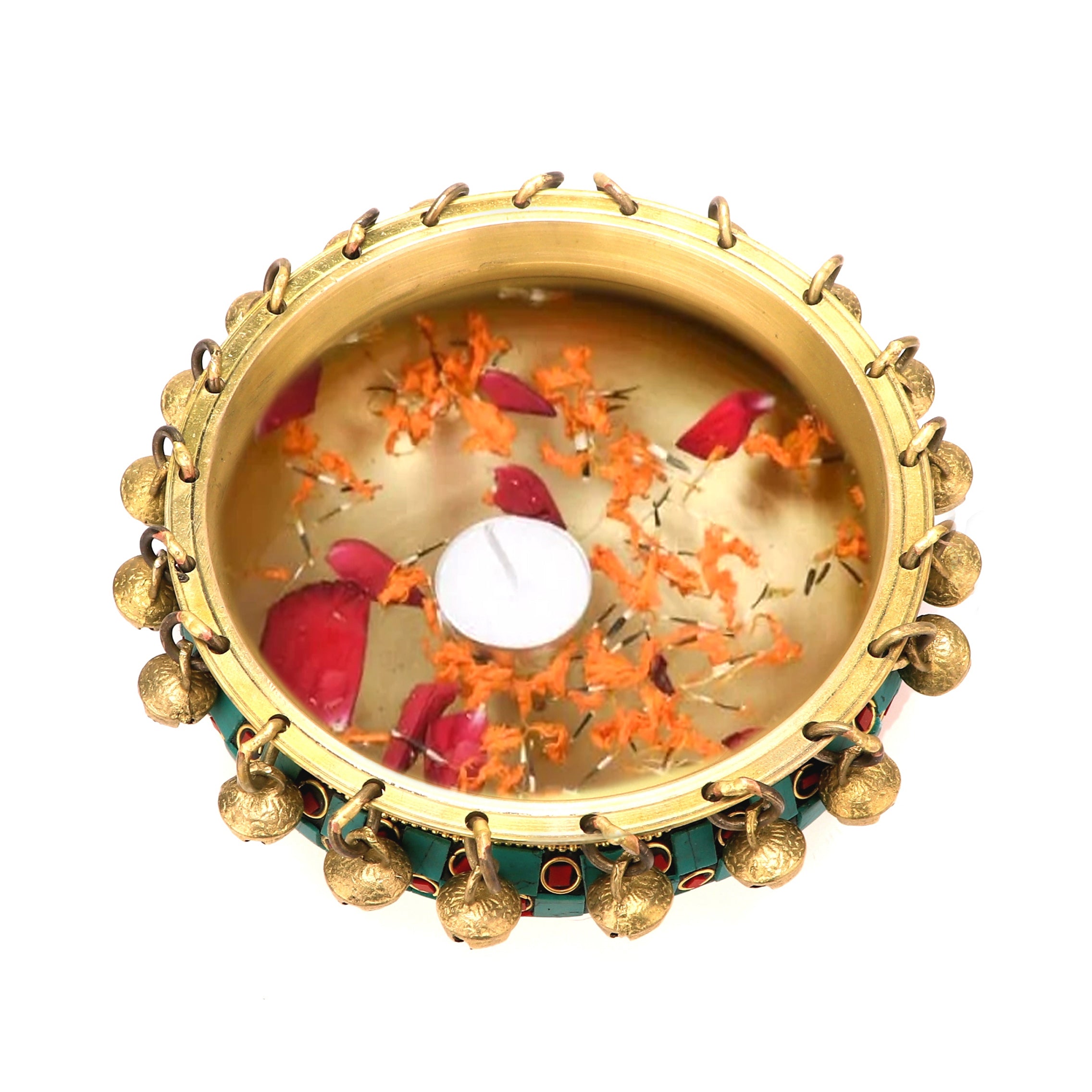 Gemstone Work Brass Urli Ethnic Traditional Bowl with Bells