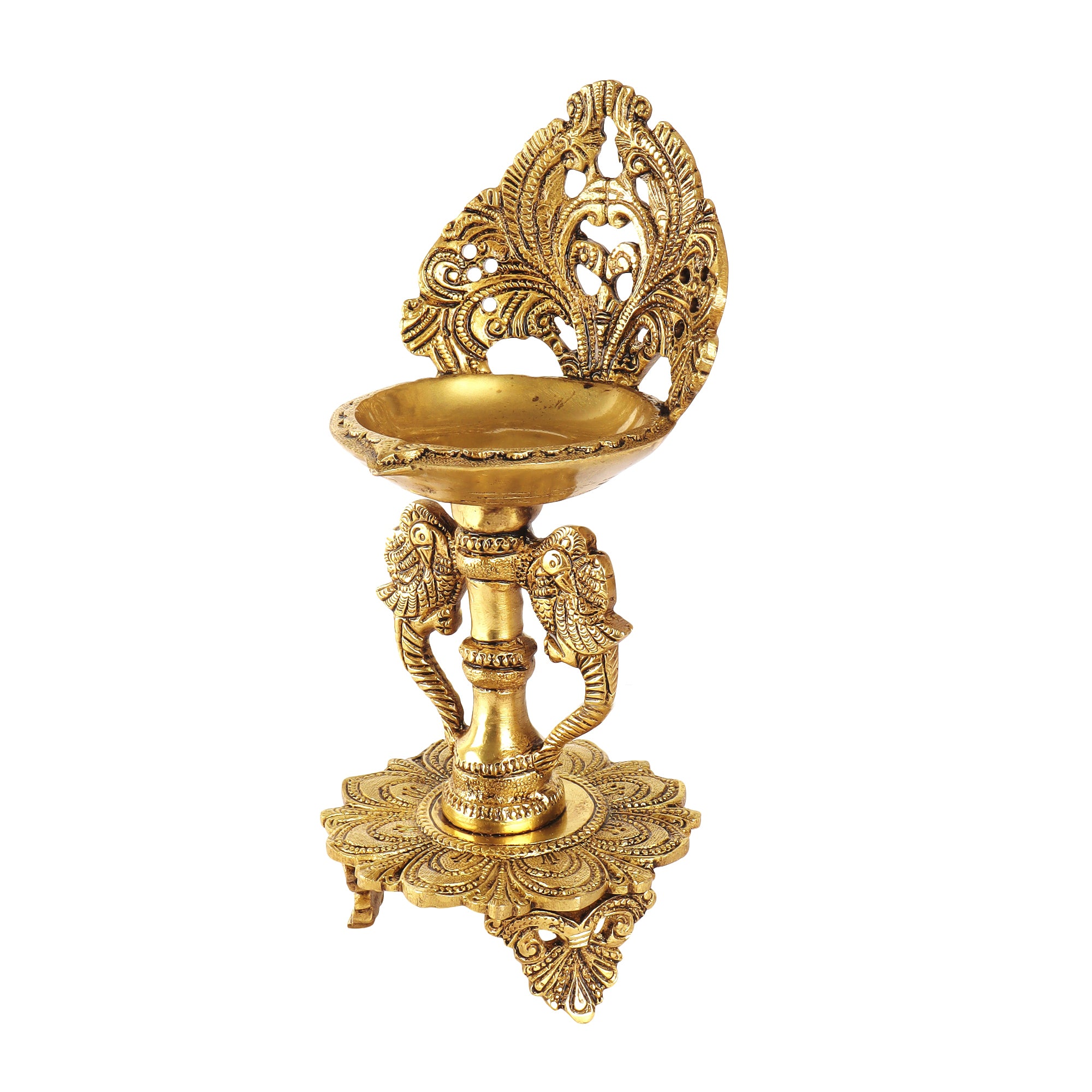 Brass 9 Inches Ethnic Twin Peacock Design Oil Diya with Base