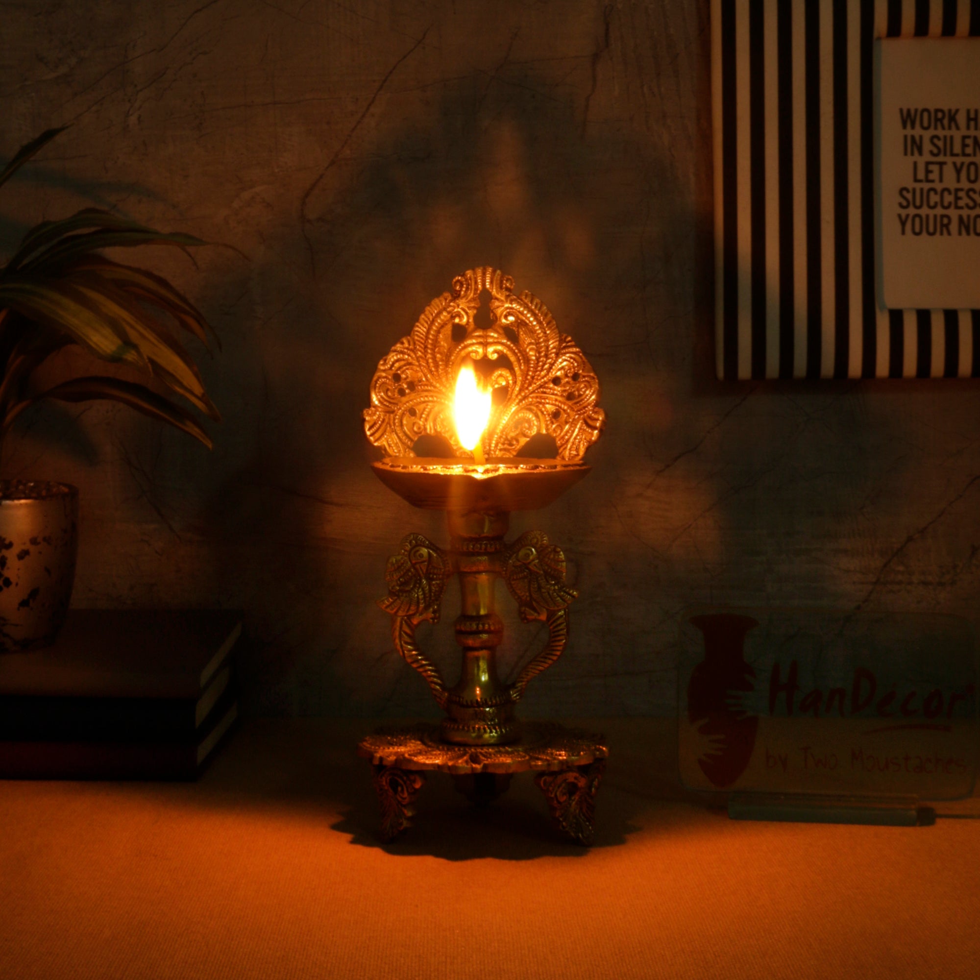 Brass 9 Inches Ethnic Twin Peacock Design Oil Diya with Base