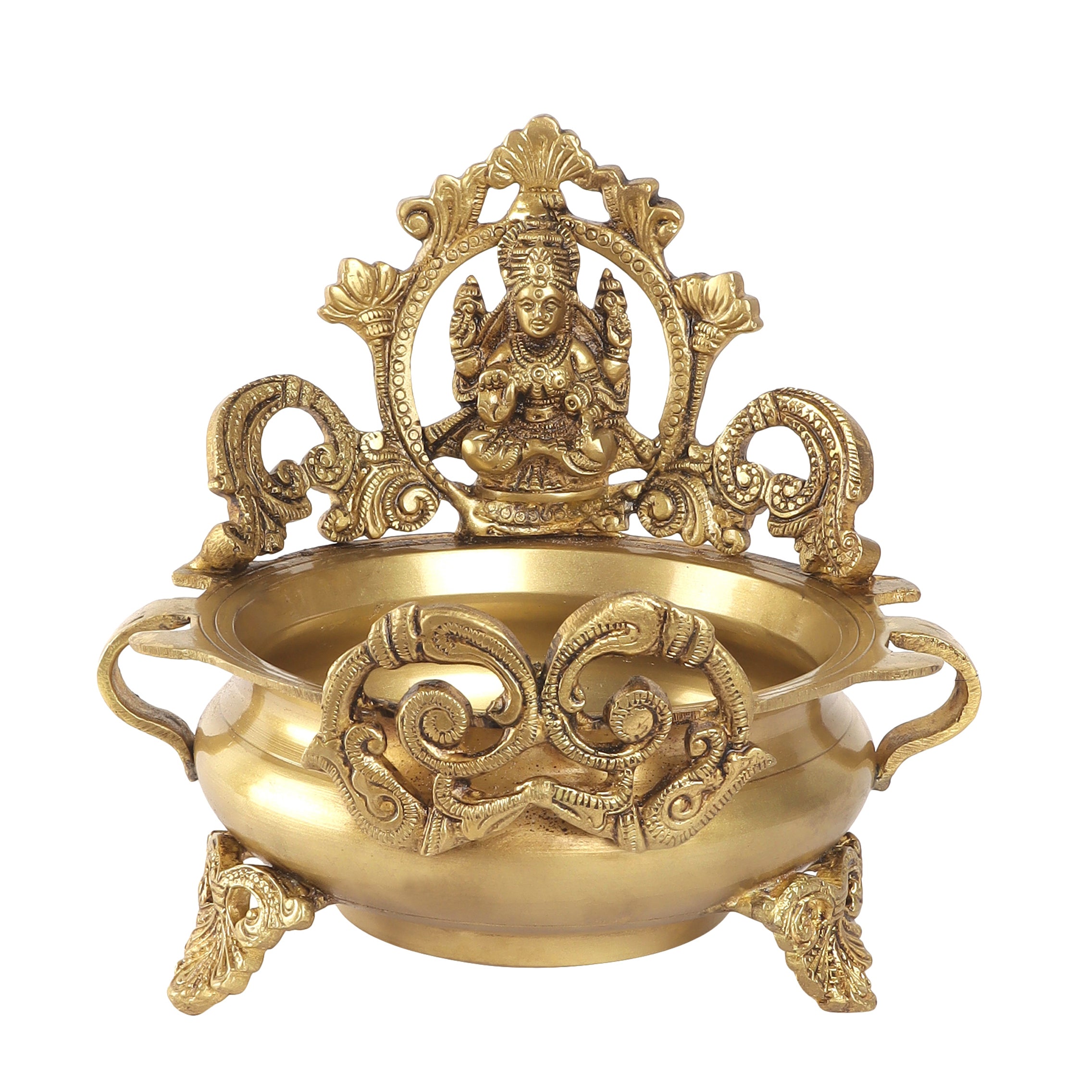 Brass Ethnic Indian Carved Laxmi Design 7 Inches Brass Urli Decor Bowl Showpiece