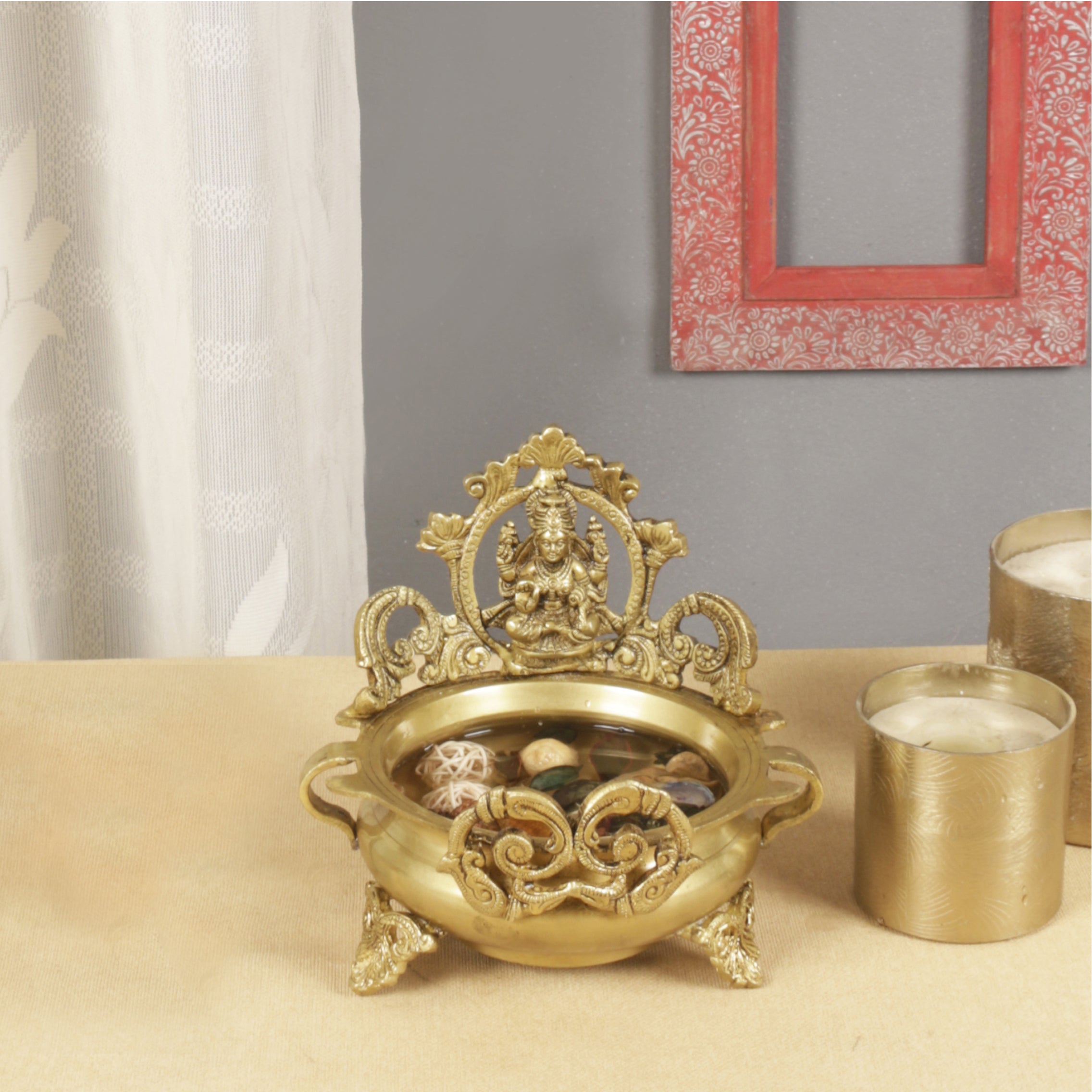 Brass Ethnic Indian Carved Laxmi Design 7 Inches Brass Urli Decor Bowl Showpiece