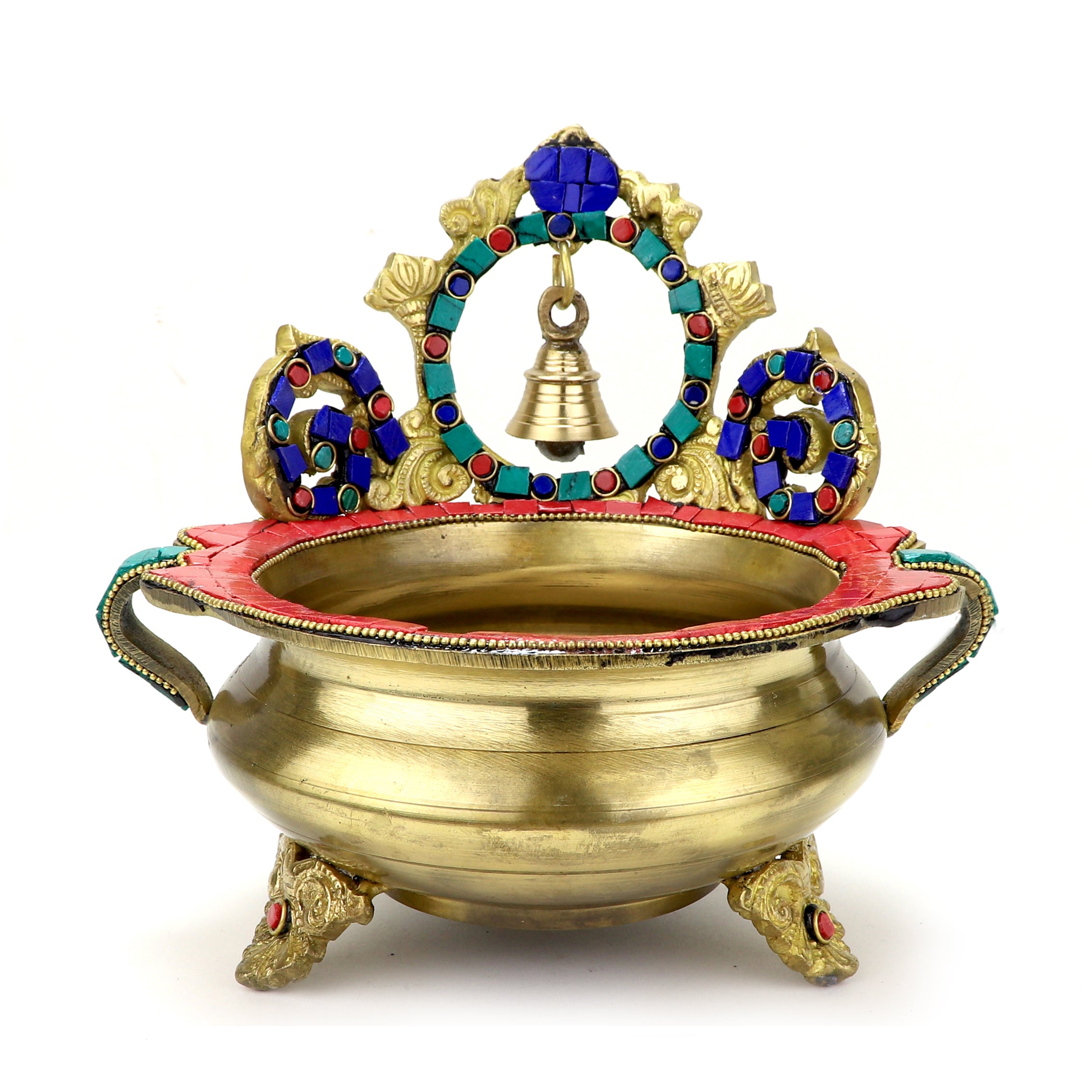 Brass Gemstone Work Ethnic Carved 7 Inches Décor Urli Showpiece with Bell