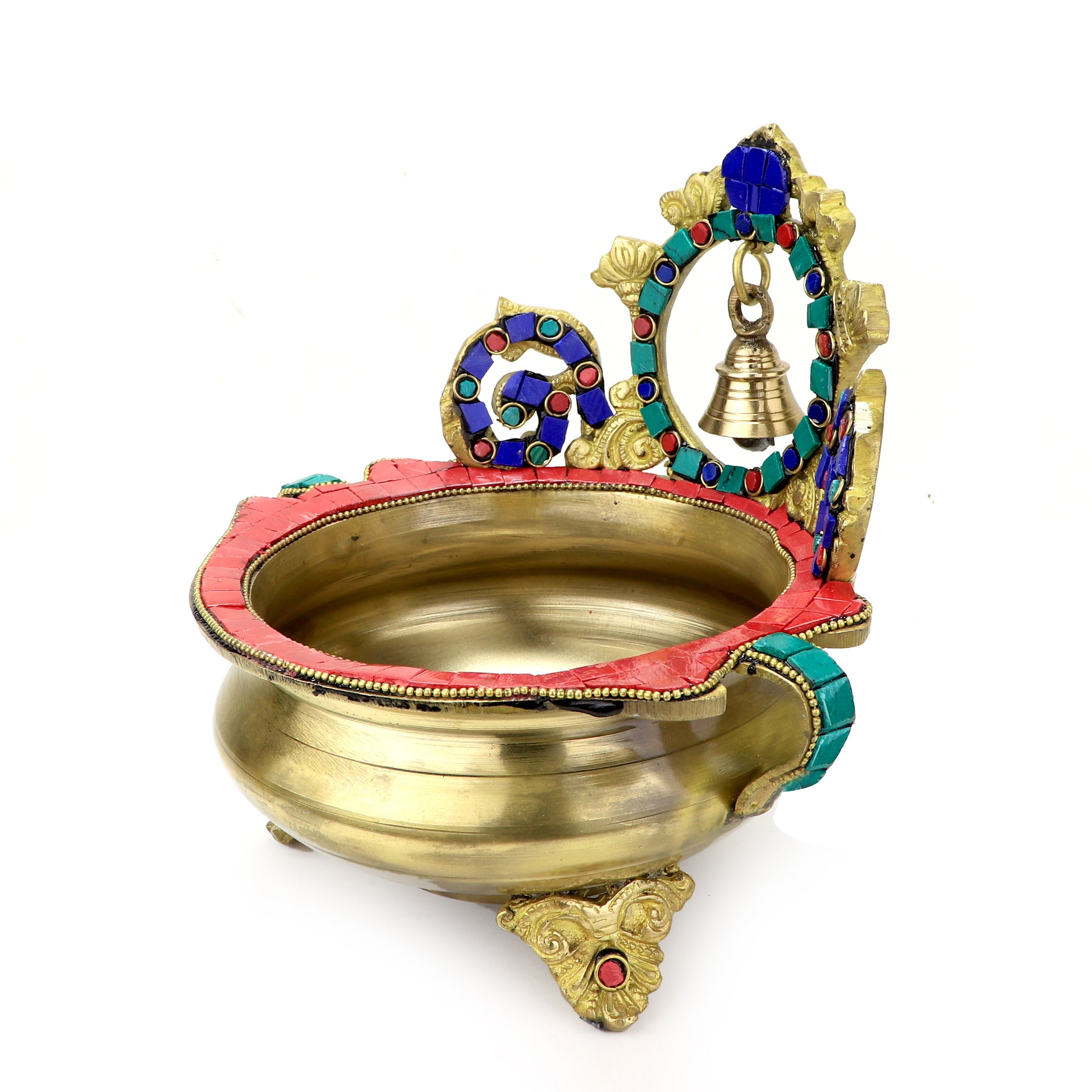 Brass Gemstone Work Ethnic Carved 7 Inches Décor Urli Showpiece with Bell