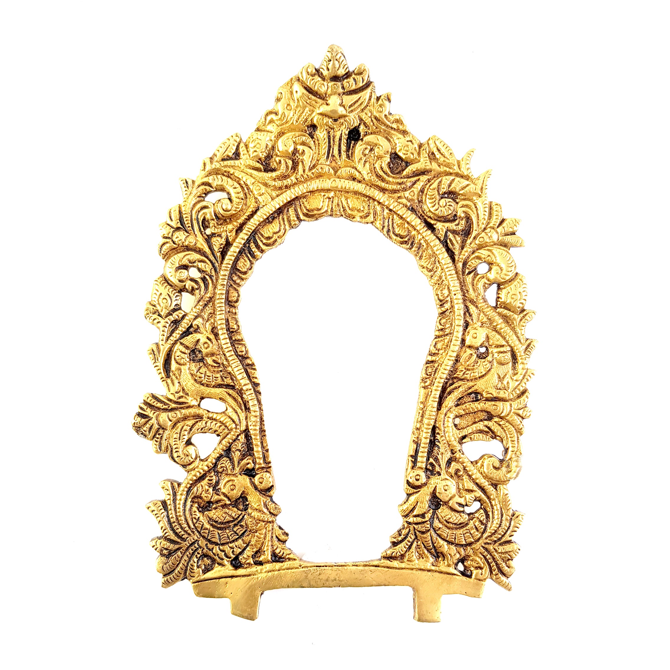 Brass Ethnic Carved Peacock Design Prabhavali Frame Wall Hanging (Golden)