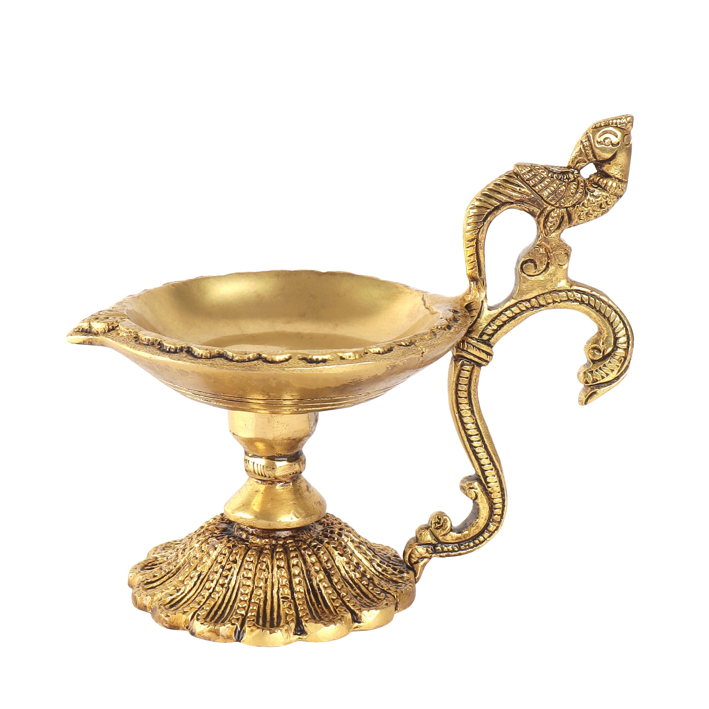 Brass Ethnic Curved Peacock Handle Design 4 Inches Diya (Golden)
