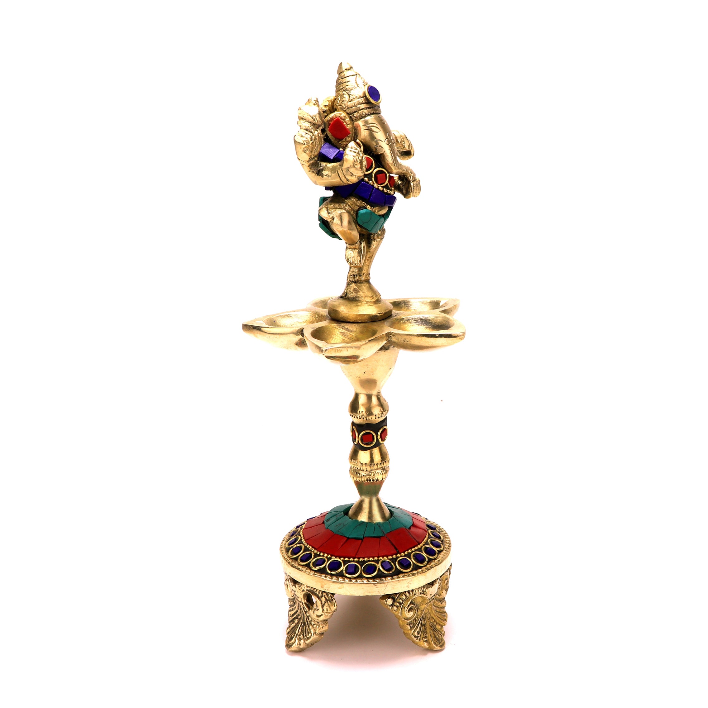 Gemstone Work Dancing Ganesha Over Ethnic Legs Five Oil Wick Brass Diya