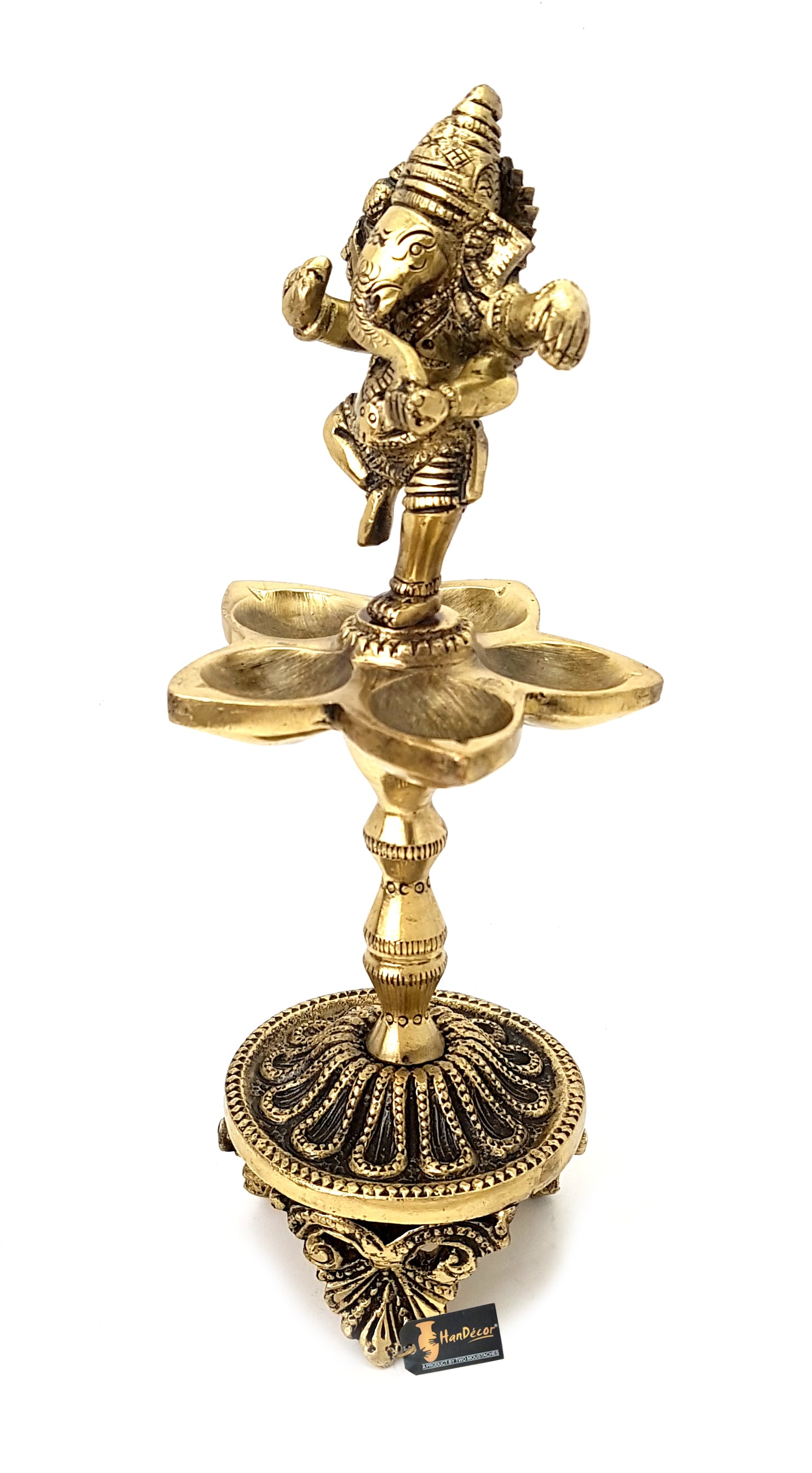 Dancing Ganesha Over Ethnic Legs Five Oil Wick Brass Diya, Antique