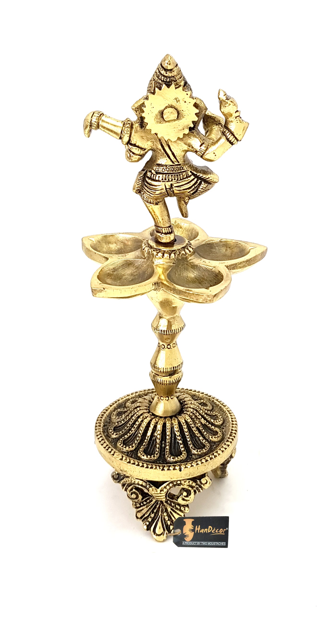 Dancing Ganesha Over Ethnic Legs Five Oil Wick Brass Diya, Antique